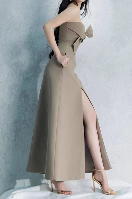 Alberta Bowknot Strapless Slit Midi Dress in Grey Green - Elegant Cocktail Party & Evening Wear for Women