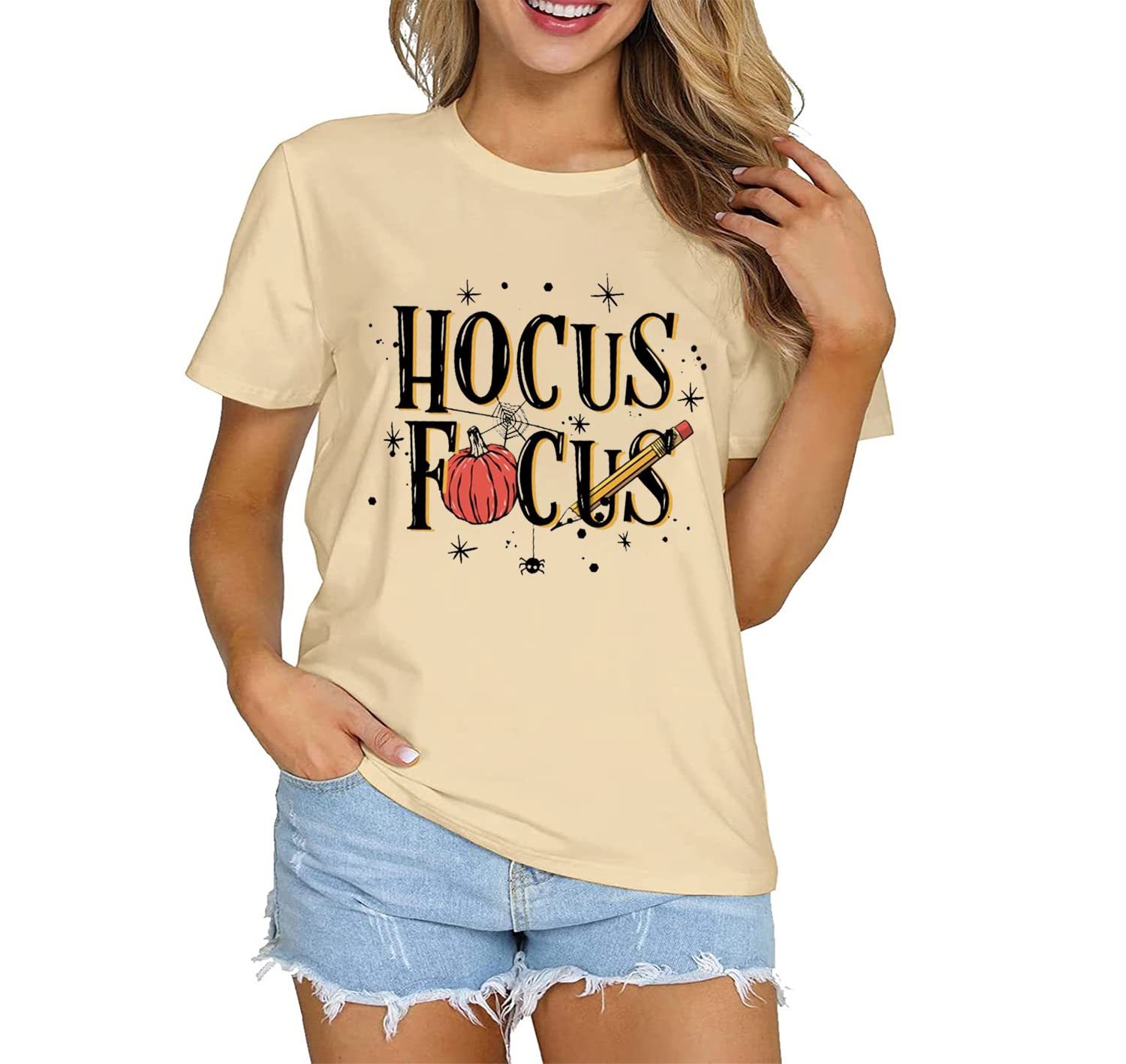 Funny Hocus Pocus Halloween T-Shirt for Women - Cute Pumpkin Graphic Teacher Tee - Fall Season Casual Top - Perfect for Halloween Parties, School Events & Autumn Outfits
