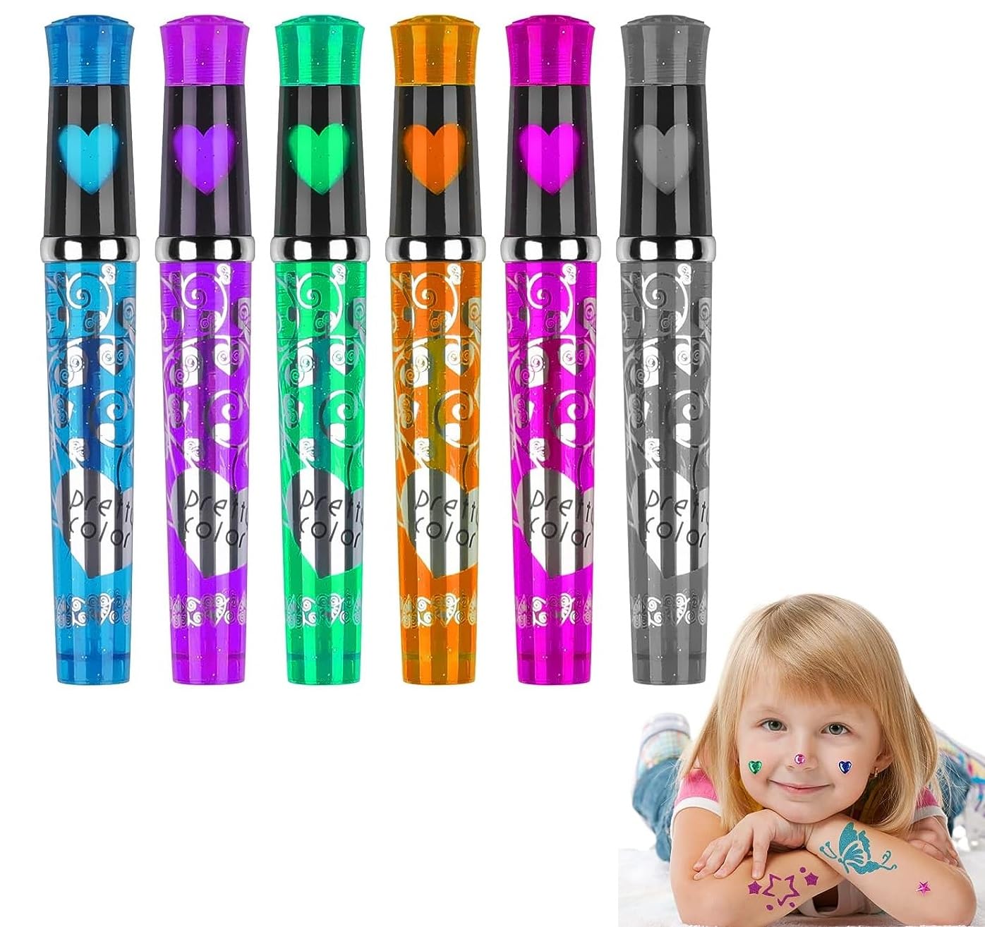 FunBlast Glitter Tattoo Pens for Kids & Adults - 6 Color Washable Temporary Tattoo Markers, Non-Toxic Art Supplies for Face & Body Painting - Perfect for Birthday Parties, Halloween Costumes & DIY Crafts