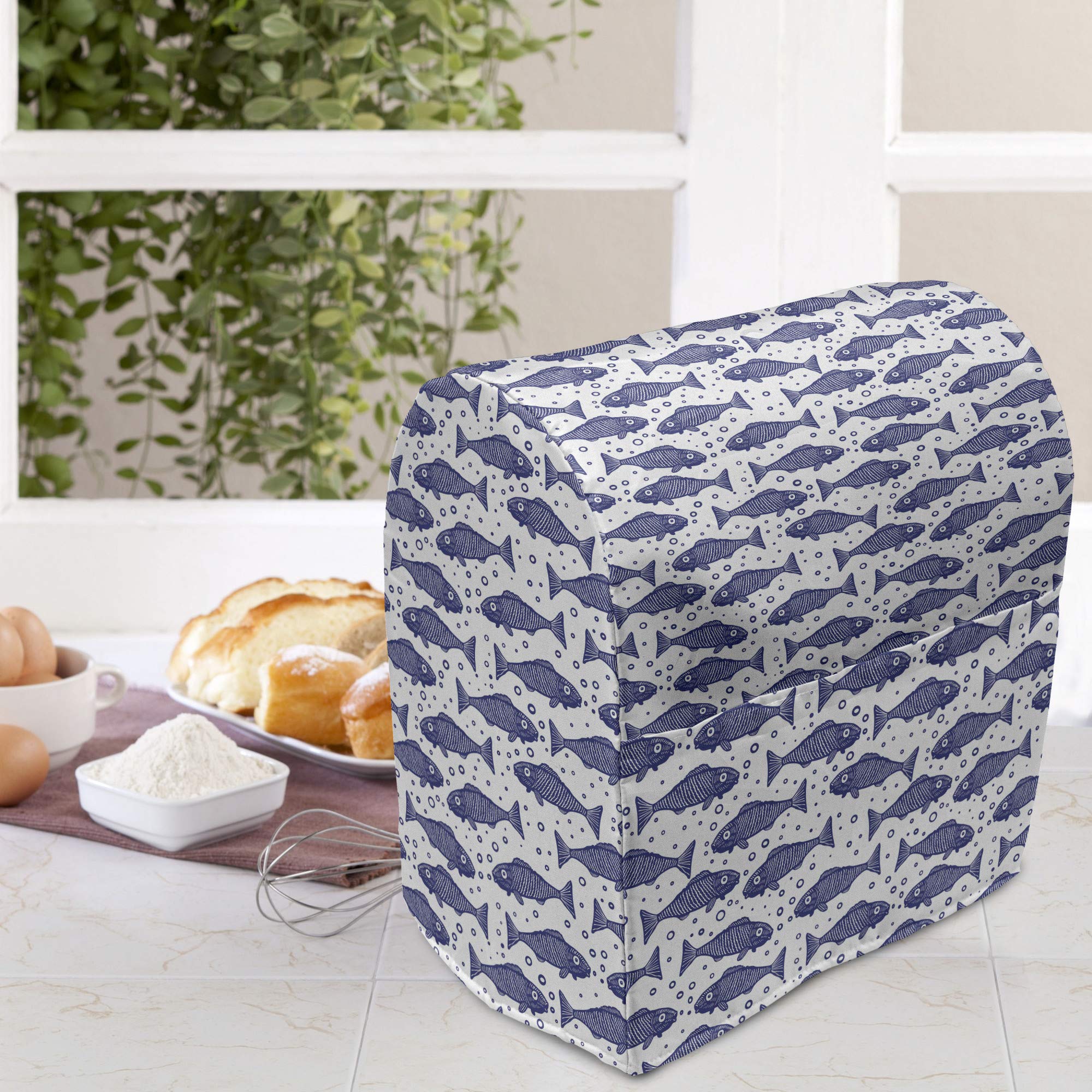 Ambesonne Nautical Stand Mixer Cover - Monochrome Hand-Drawn Fish Pattern Kitchen Appliance Organizer with Pocket (6-8 Quarts, Violet Blue & White) | Perfect for Kitchen Organization & Countertop Protection