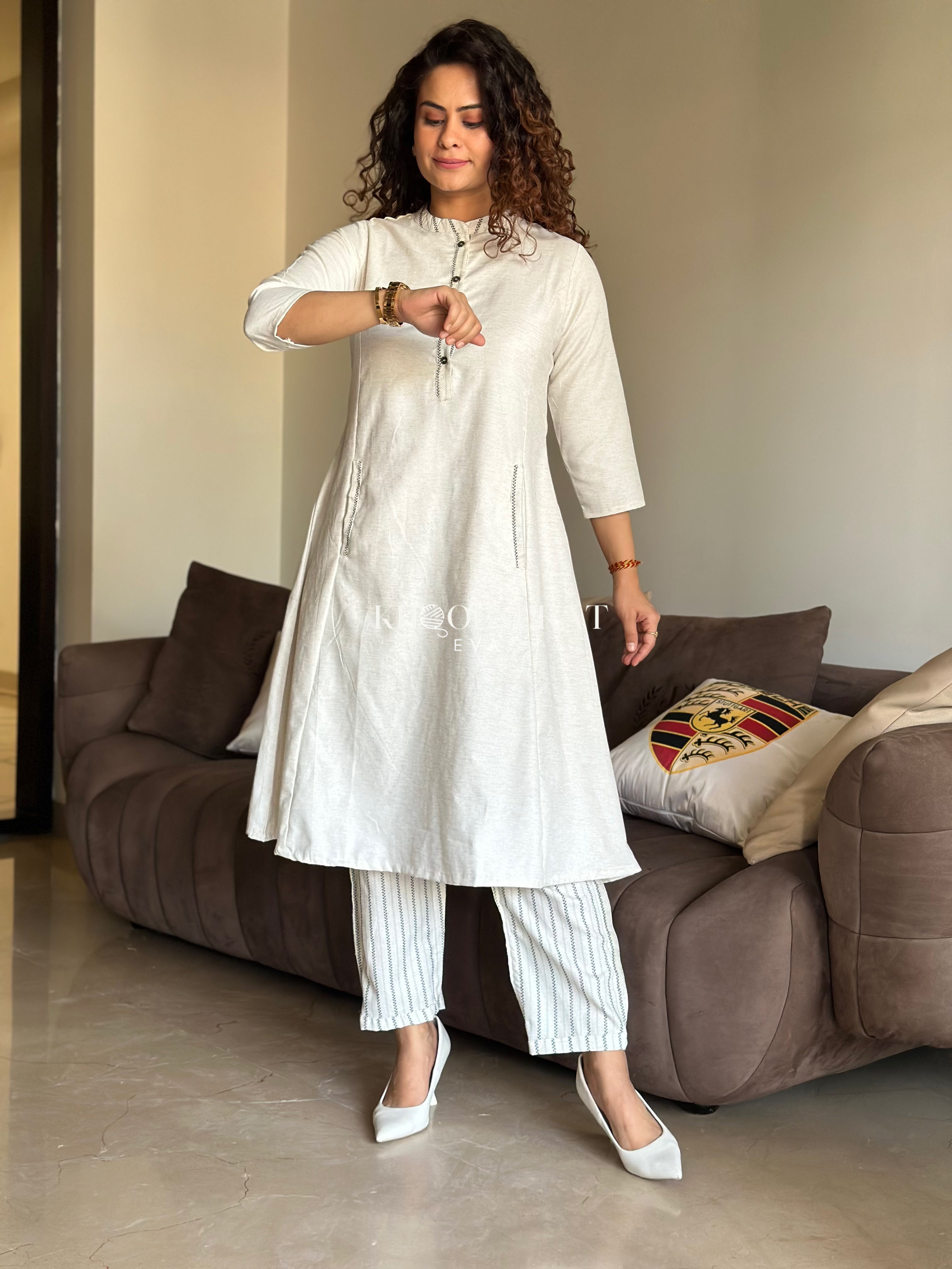 Fresh White Linen Duo Kurta Set for Women - Comfortable Cotton Ethnic Wear for Casual Outings & Festive Occasions