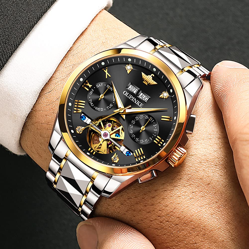 Premium OU PINKE Men's Automatic Watch - Diamond Skeleton Mechanical Self-Winding Luxury Dress Watch with Sapphire Crystal & Tungsten Case - Perfect for Business, Formal Events & Gifts