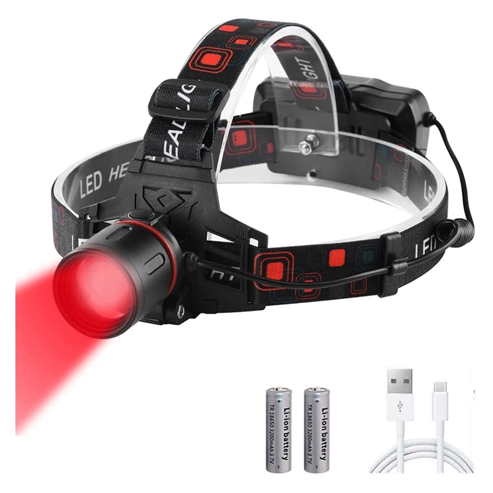 TONPOP Rechargeable Hunting Headlamp with Red LED Light - Super Bright XML-T6 Zoomable Head Torch for Coon, Hog & Coyote Hunting | Perfect for Night Hunting, Astronomy & Outdoor Adventures
