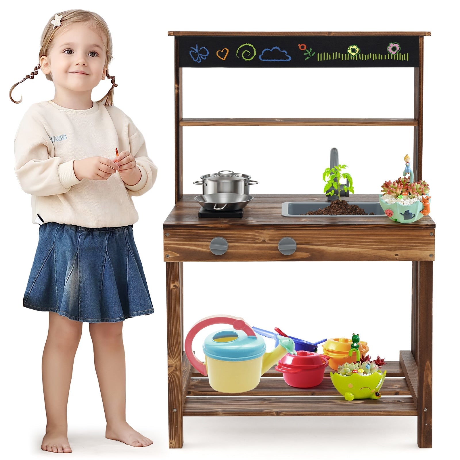 Outdoor Mud Kitchen for Kids - Rotatable Faucet & Removable Sink - Natural Wooden Play Set for Pretend Cooking - Perfect for Backyard, Garden & Outdoor Playtime