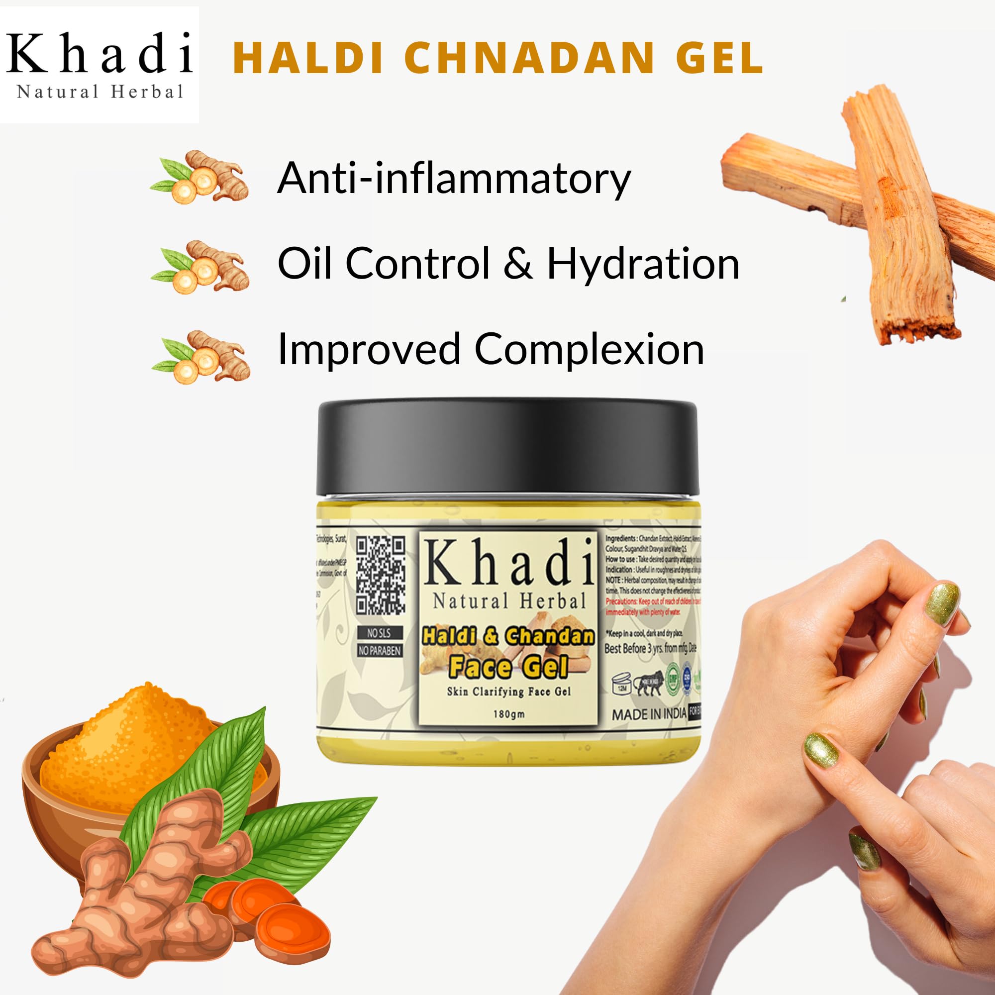 Khadi Natural Herbal Haldi & Chandan Face Gel for Men & Women - 180gm | Skin Moisturizer with Aloe Vera | Brightening & Hydrating Face Gel for Dry & Sensitive Skin | Perfect for Daily Skincare Routine & Night Care