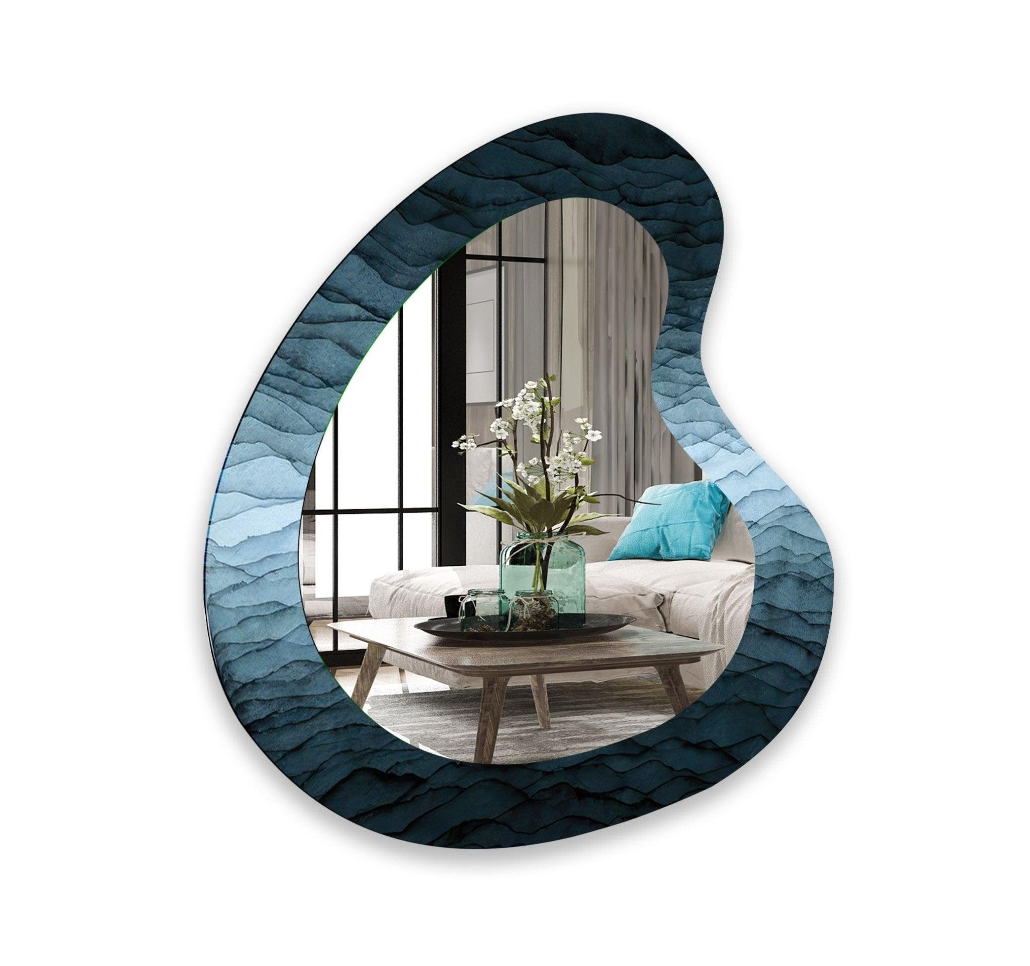 Abstract Blue Asymmetrical Wall Mirror - Modern Decorative Mirror for Living Room, Bedroom, Entryway - Unique Handmade Art Piece for Home Decor