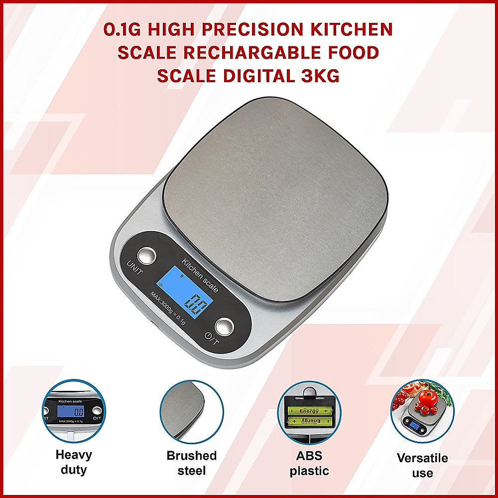 0.1g High Precision Digital Kitchen Scale - 3KG Rechargeable Food Scale for Baking, Cooking, and Portion Control | Perfect for Home, Restaurant & Meal Prep