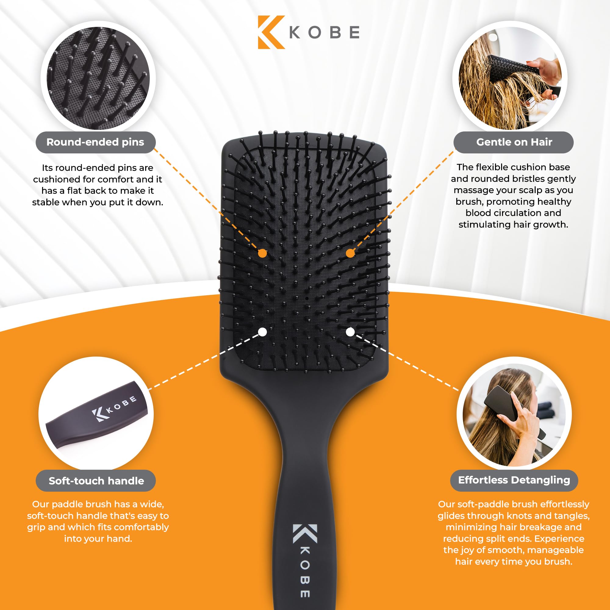 Kobe Professional Hair Brush for Curly Hair - Detangling Paddle Brush for Wet & Dry Hair - Soft Bristles with Cushion Base - Perfect for Styling, Smoothing & Reducing Breakage (Great for Home Use, Salons & Travel)