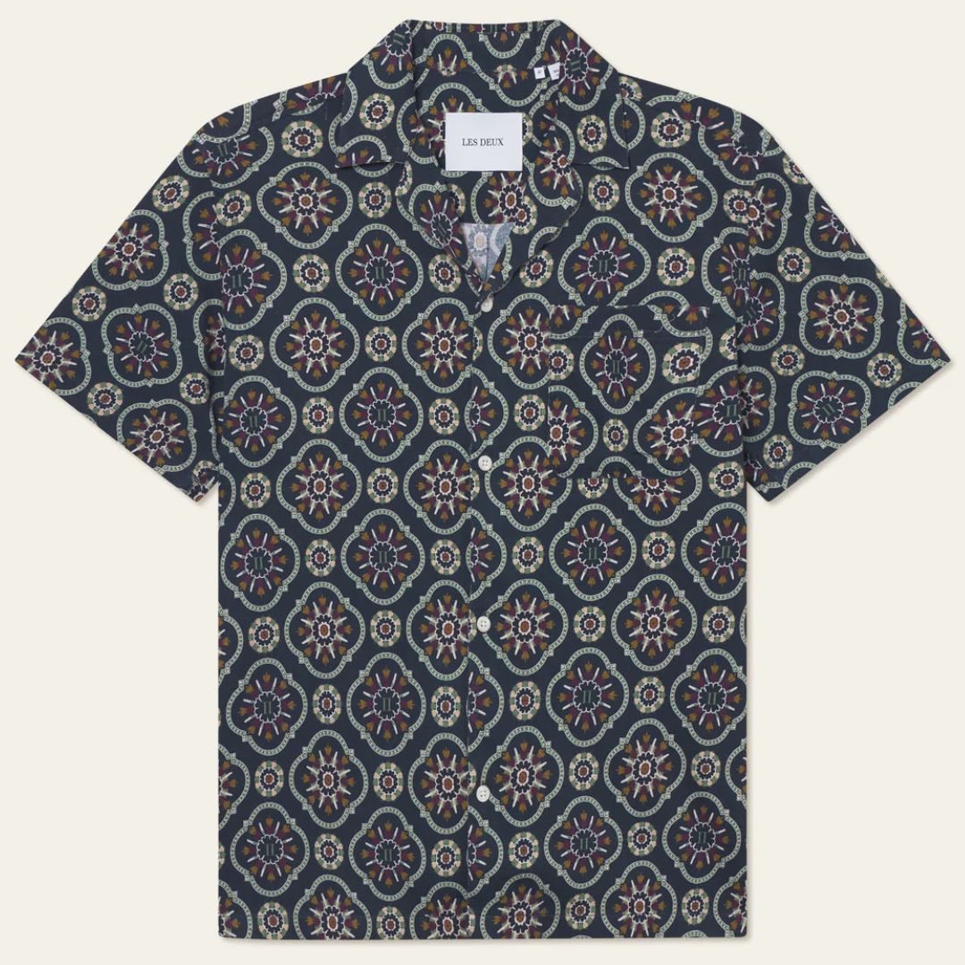 Dark Navy Lukas AOP Tapestry Short Sleeve Shirt for Men - Stylish Casual Wear for Summer, Beach, and Outdoor Activities