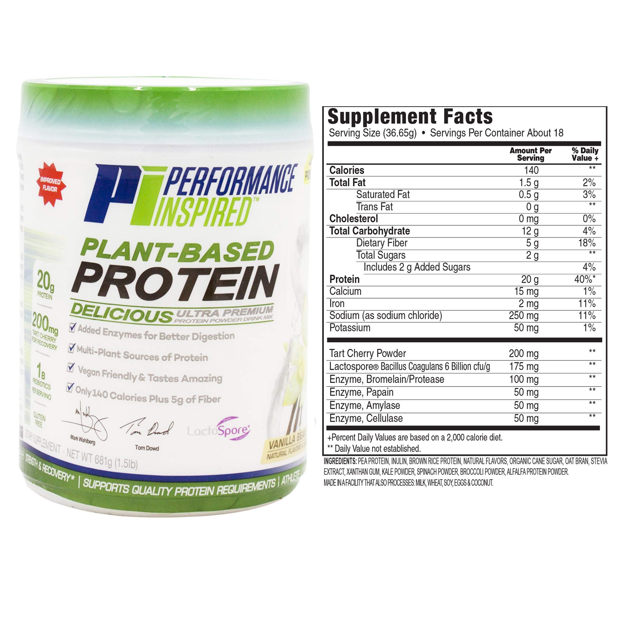 Performance Inspired Nutrition Plant-Based Protein Powder - All Natural Vanilla Bean Flavor, 20G Protein, 1B Probiotics & Digestive Enzymes - Gluten Free Vegan Protein Supplement for Muscle Recovery & Weight Management (1.5lb) - Perfect for Post-Workout Shakes & Healthy Smoothies