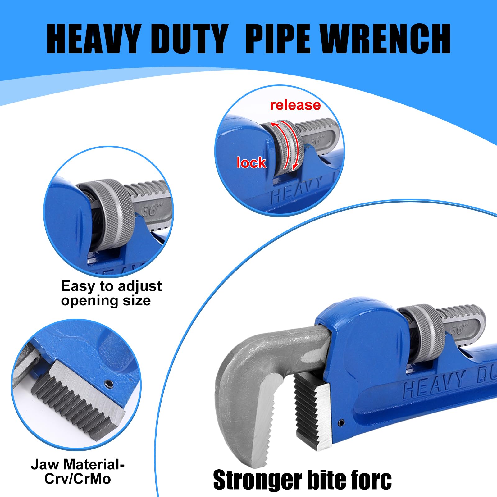 Gisafai 36-Inch Heavy Duty Adjustable Pipe Wrench Set - Alloy Steel Plumber's Wrench with Non-Slip Grip for Plumbing, HVAC, and Pipe Fitting - Professional Plumbing Tools for Home Repair and Industrial Use (Blue)