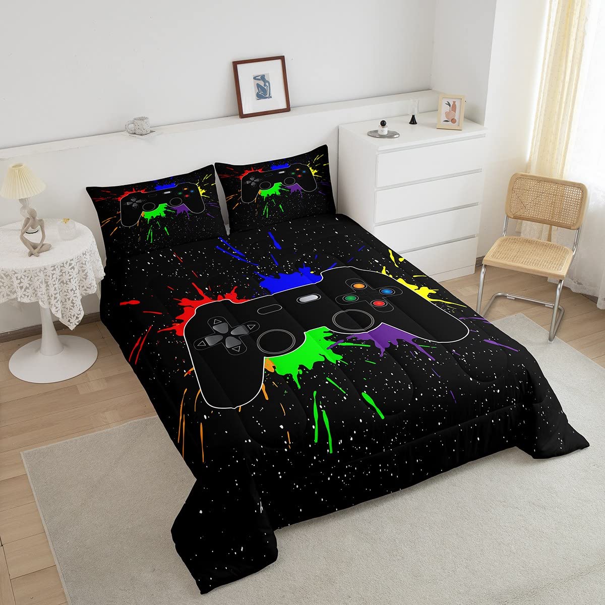 Erosebridal Twin Gaming Bedding Set for Boys - Watercolor Print Comforter & Sheet Set - Perfect for Kids' Bedrooms, Gaming Rooms & Toddler Beds