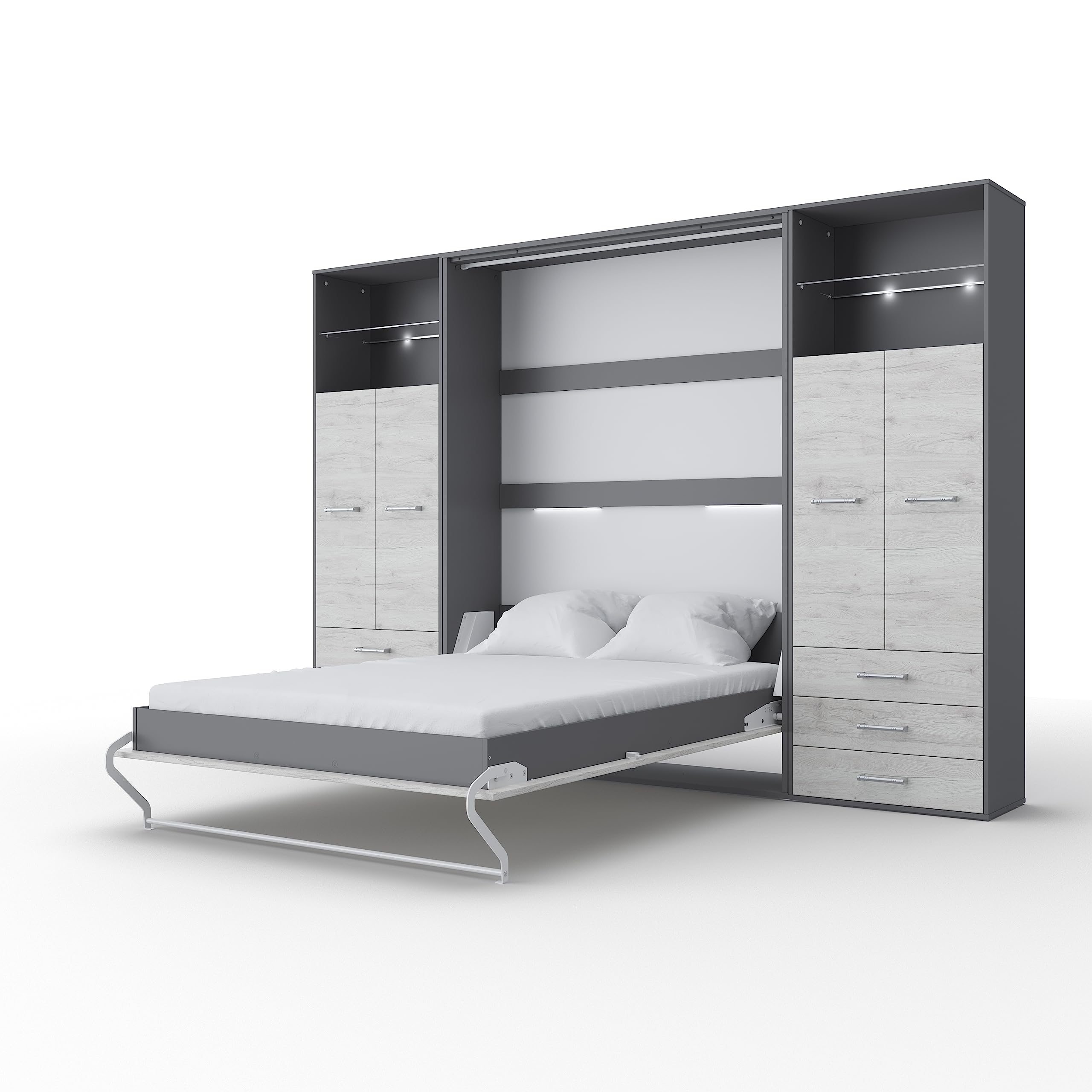 Vertical Wall Bed with Mattress - European Queen Size with 2 Storage Cabinets (Grey/White Monaco) | Space-Saving Murphy Bed for Small Apartments & Guest Rooms