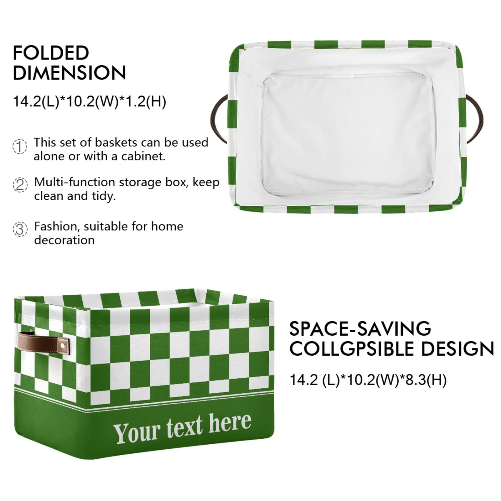 Checkerboard White Green Plaid Storage Basket - Collapsible Rectangular Bin with Leather Handles - Nursery, Closet & Home Organization - Perfect for Baby Clothes, Toys & Blanket Storage