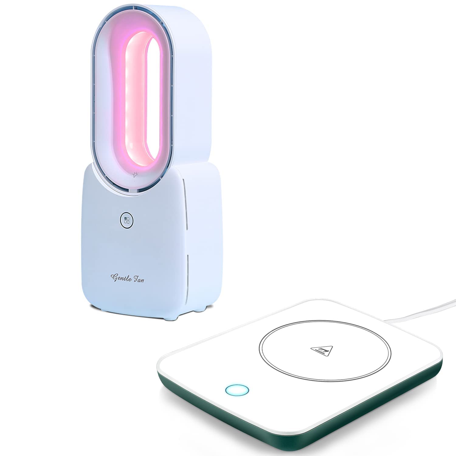 Misby 2-in-1 Desk Bundle - 11.8 Inch Quiet USB Desk Fan (White) & Adjustable Coffee Mug Warmer (Green) for Office, Home, Dorm & Workspace Cooling & Beverage Heating