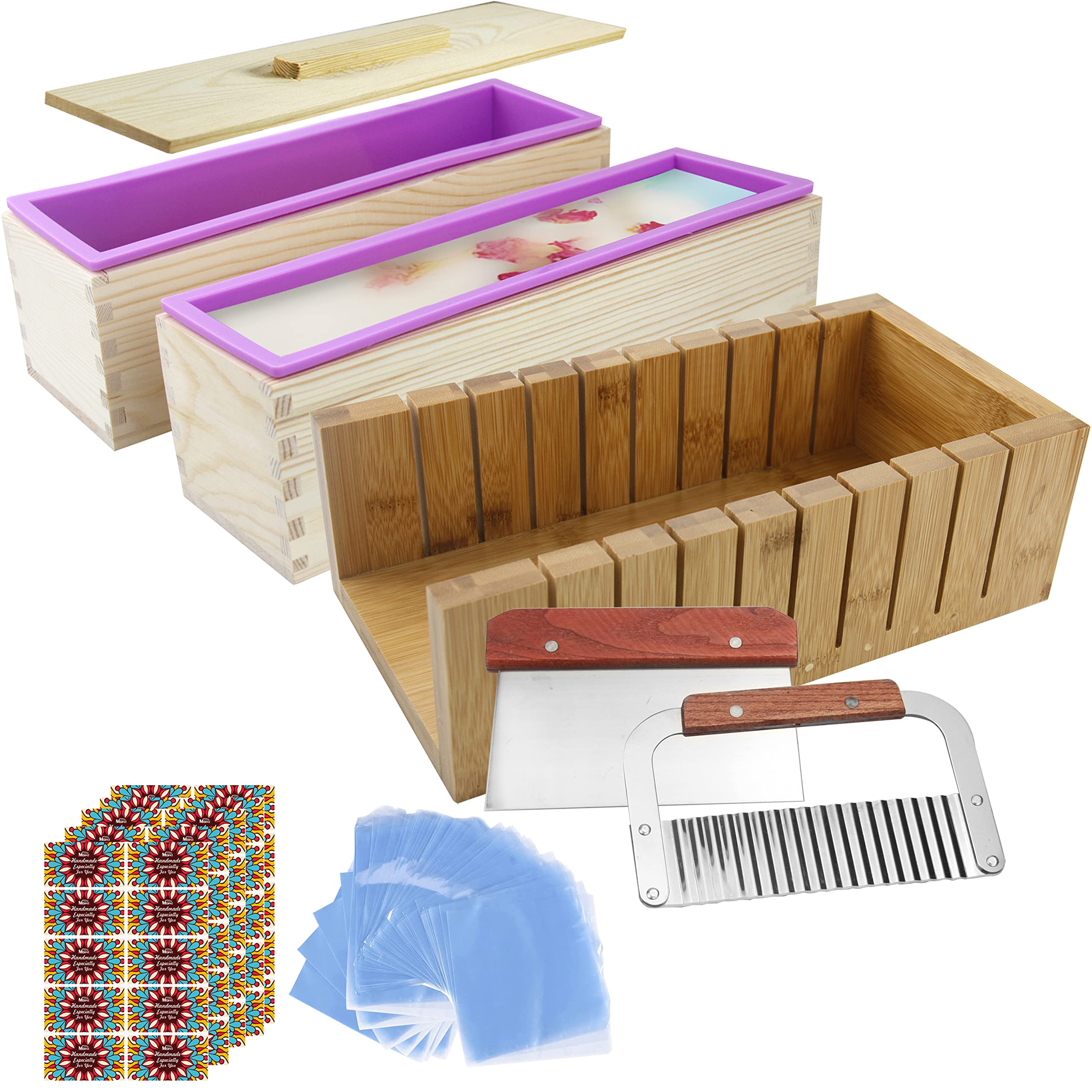 Premium Silicone Soap Molds & Bamboo Soap Cutting Tool Set with Wooden Cover - DIY Handmade Soap Making Kit for Home, Gifts, and Spa Use