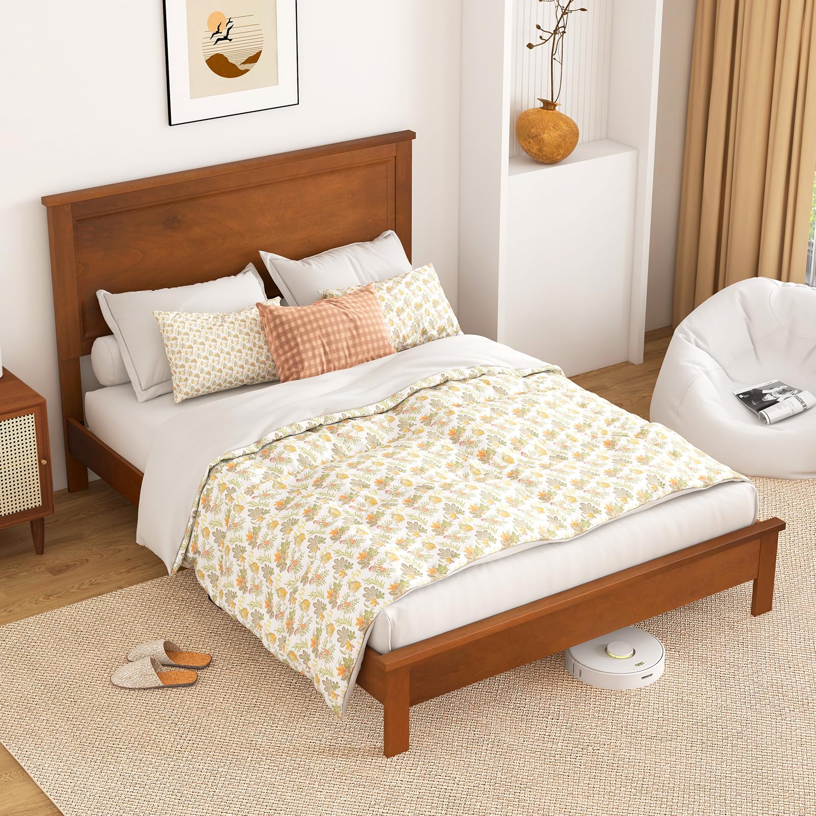 KOMFOTT Full Size Wood Platform Bed Frame with Headboard - Mid Century Modern Walnut Bed with Slat Support & Under Bed Storage - No Box Spring Needed - Perfect for Small Bedrooms, Guest Rooms & Apartments