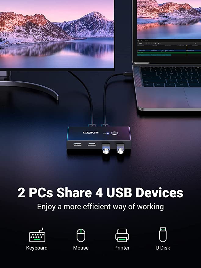 UGREEN USB 2.0 KVM Switch 2 Port Input 4 Port Output - Perfect for Home Office, Gaming Setup & Multi-Device Control