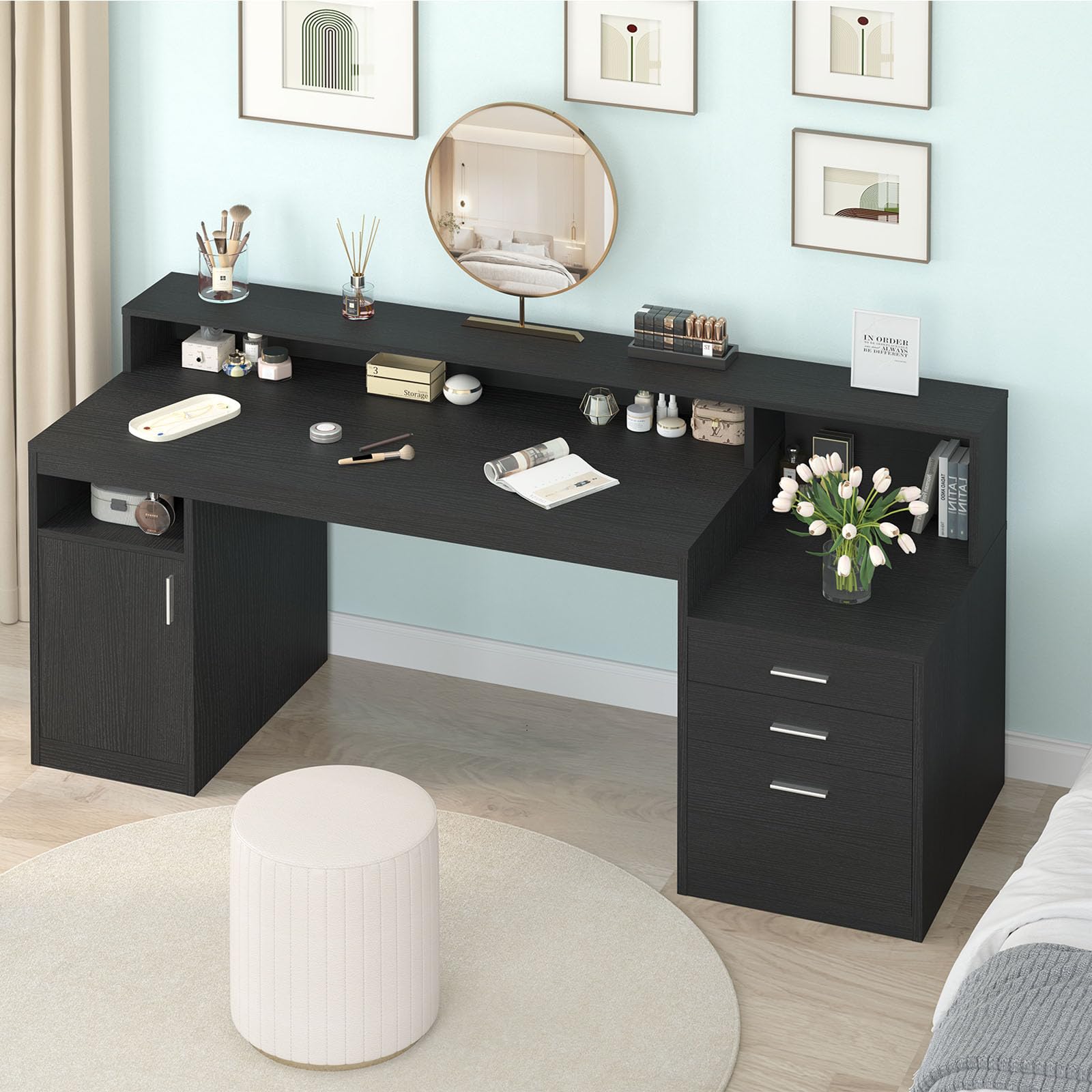 Black Computer Desk with 3 Drawers, Storage Shelves & File Cabinet - Home Office Desk with Monitor Stand & Printer Shelf - Executive Writing Study Table for Small Spaces, Gaming & Remote Work