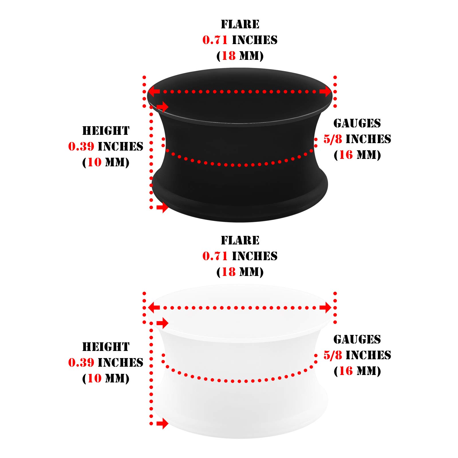 2 Pairs Silicone Black & White Double Flared Saddle Ear Plugs - Stretcher Jewelry for Ear Lobes & Flesh Tunnels - Perfect for Gauging, Body Modification & Alternative Fashion Styles