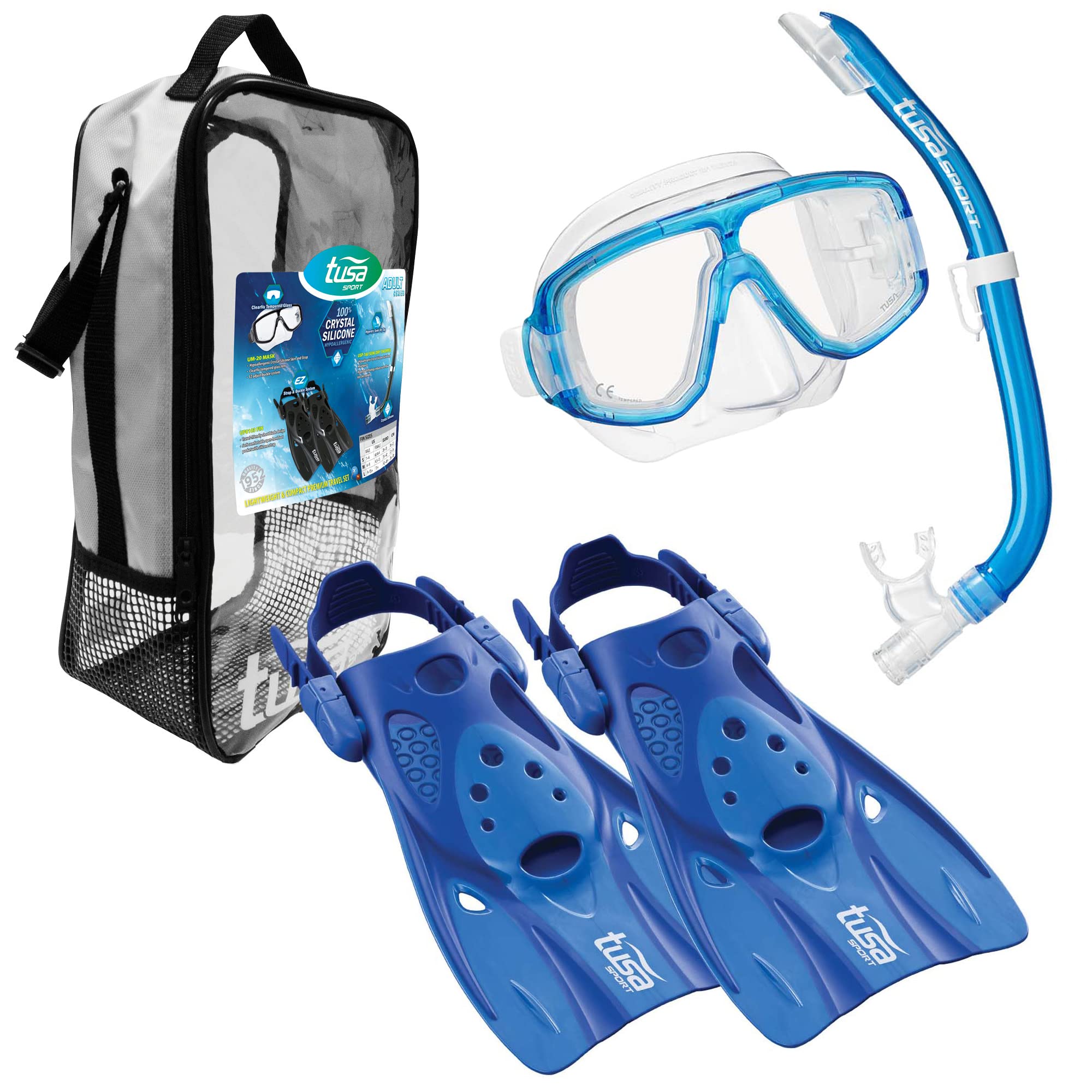 TUSA Sport Adult Platina Hyperdry Snorkeling Set - Mask, Snorkel & Fins for Scuba Diving, Swimming and Beach Travel - Perfect for Ocean Adventures, Pool Training and Tropical Vacations