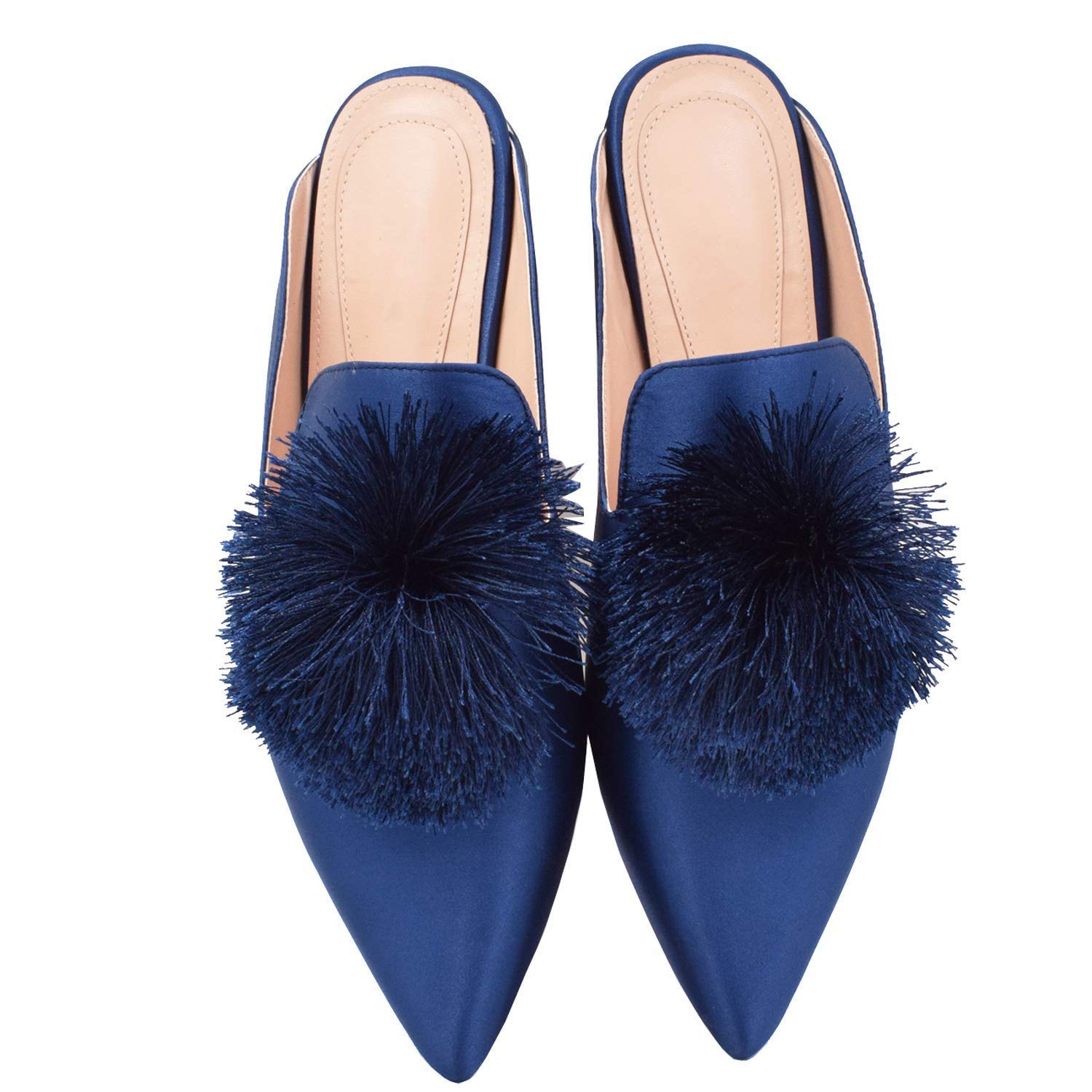Fericzot Women's Slip On Mule Loafers - Backless Flats with Puff Pompom Detail, Pointed Toe Casual Shoes & House Slippers for Women | Perfect for Home, Office, and Everyday Wear