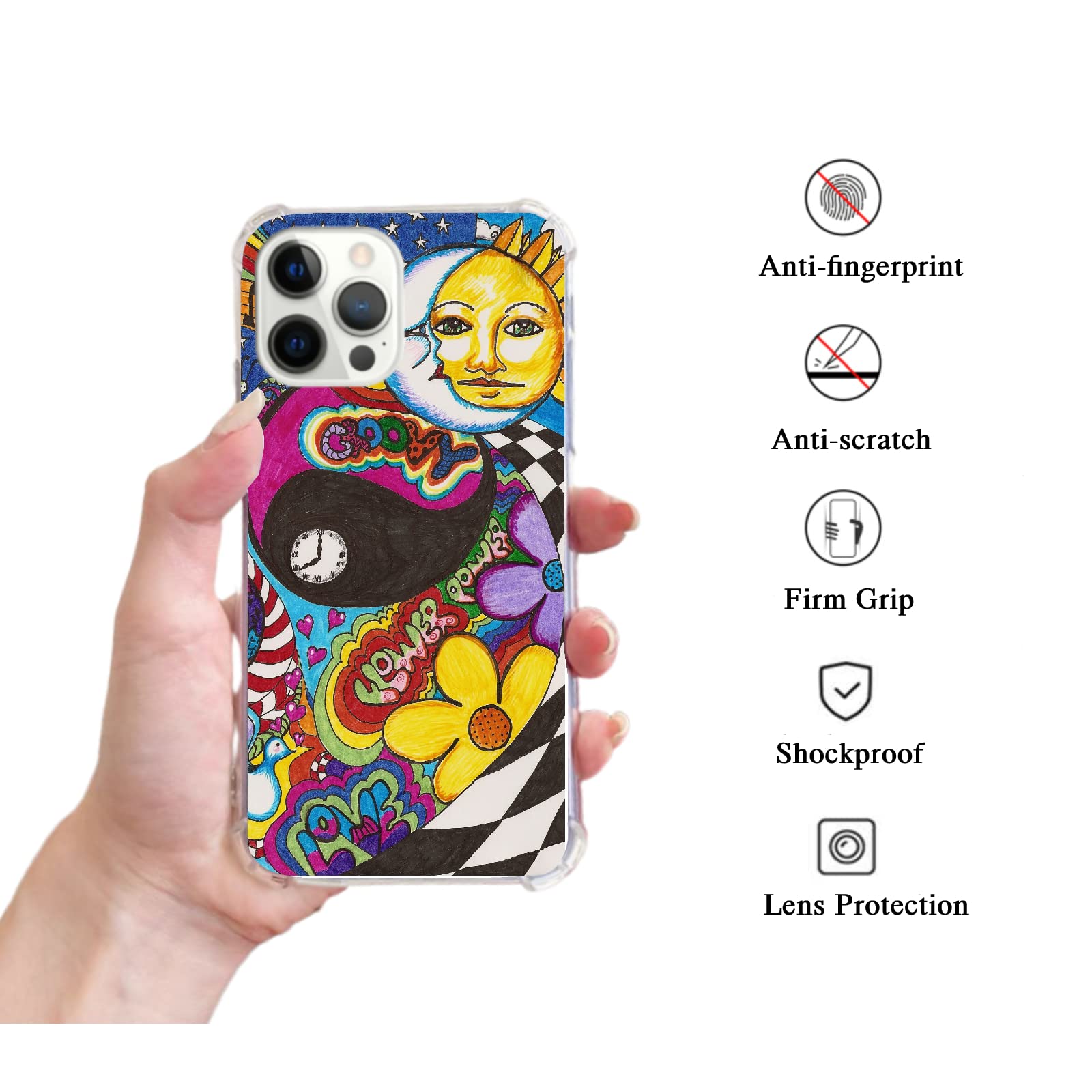 **Trippy Retro Hippie Phone Case for iPhone 12 Pro Max - Psychedelic Sun Moon Design, Soft TPU Bumper Cover for Men & Women - Perfect for Music Festivals, Travel & Boho Style**