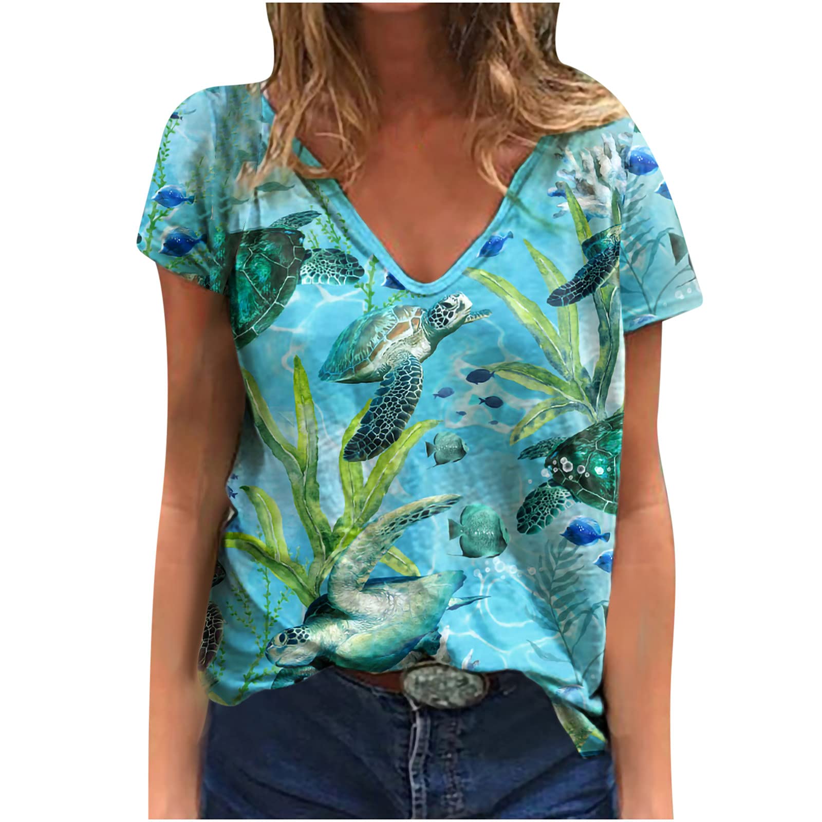 Vintage Sea Animal Graphic T-Shirts for Women - Soft Short Sleeve Funny Summer Tees - Plus Size V-Neck Tunic Top - Perfect for Beach Vacations, Casual Outings & Summer Festivals