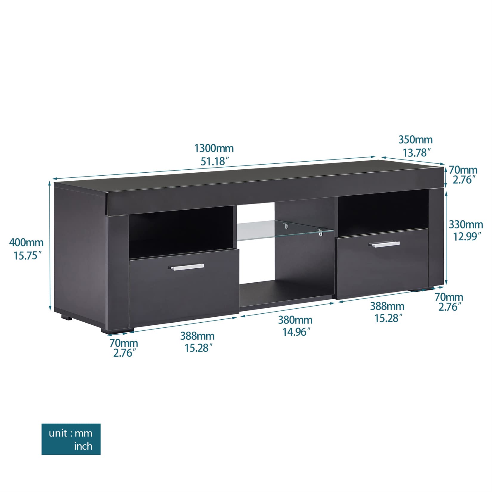 Bellemave 55 inch TV Stand with LED Lights - High Gloss Modern Entertainment Center & Media Console with Storage - Wood TV Cabinet for Living Room, Bedroom - Black