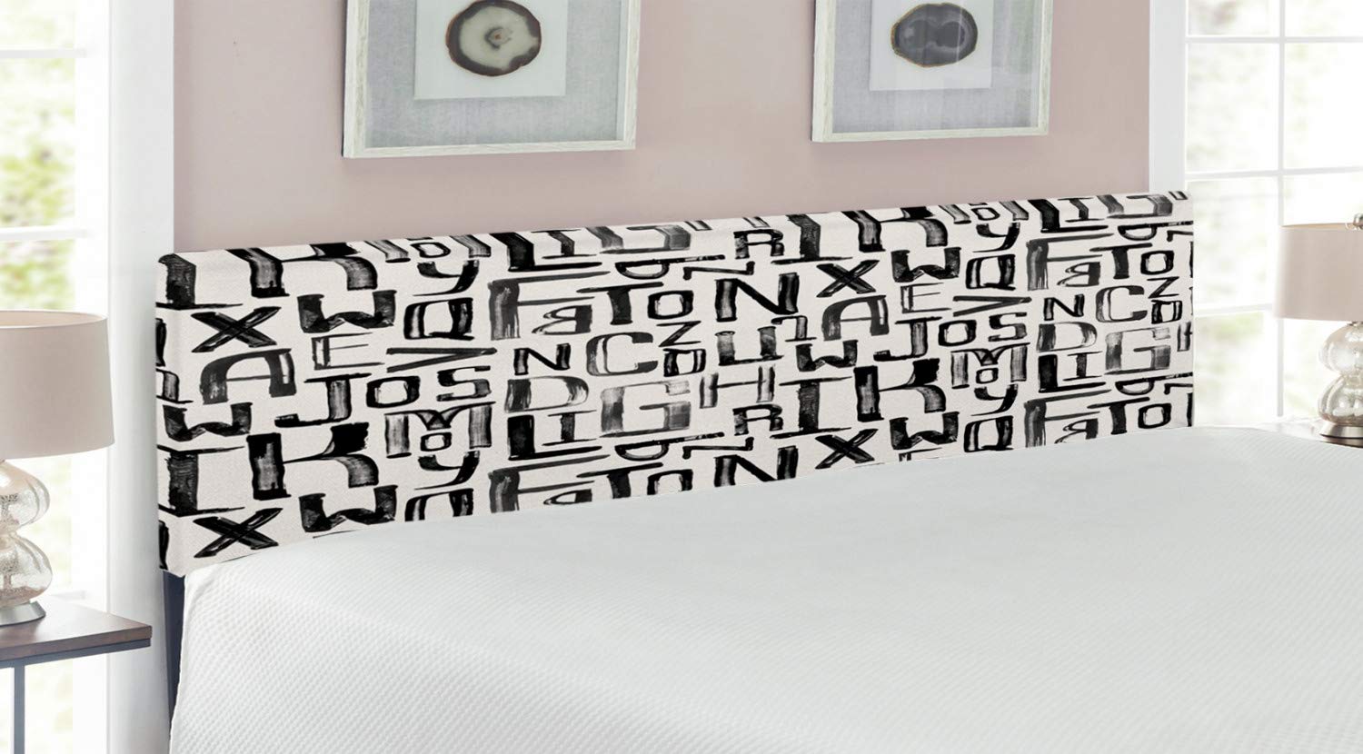 Ambesonne Grunge Upholstered Headboard - Modern Alphabet Pattern with Memory Foam - King Size Bed Frame in Charcoal Grey & White - Perfect for Contemporary Bedroom Decor & Guest Room Styling