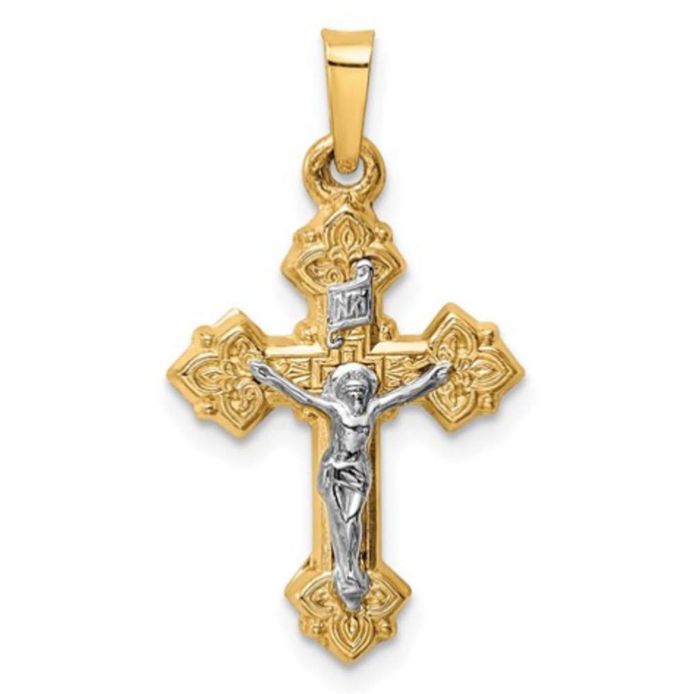 14K Two Tone Yellow Gold & White Gold INRI Crucifix Fancy Design Polished Budded Cross Religious Pendant Necklace - Elegant Fine Jewelry Gift for Women & Men - Perfect for Church, Weddings, Baptisms & Special Occasions
