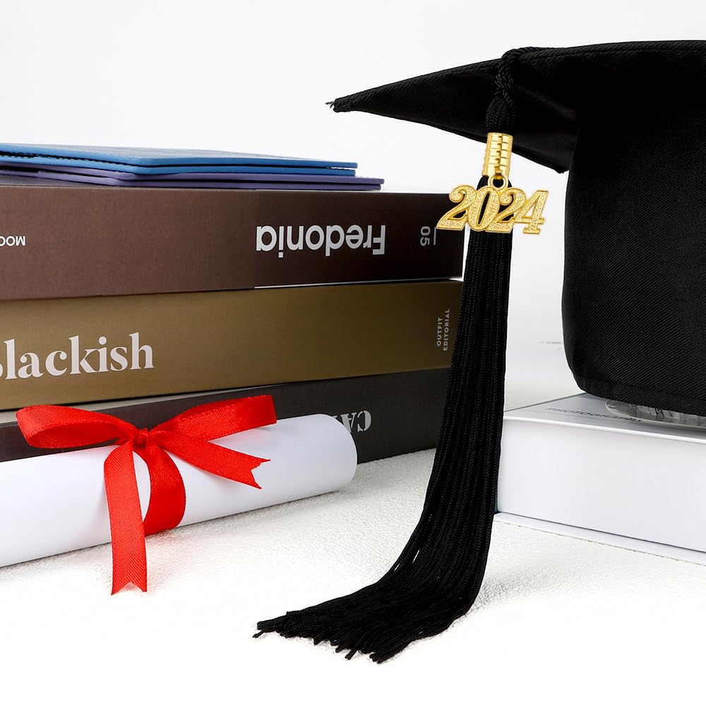 2024 Graduation Tassel Set - 2 Pack Black Graduation Cap Tassels with Charm for High School & College Commencement - Perfect Graduation Decorations & Keepsake for Graduates