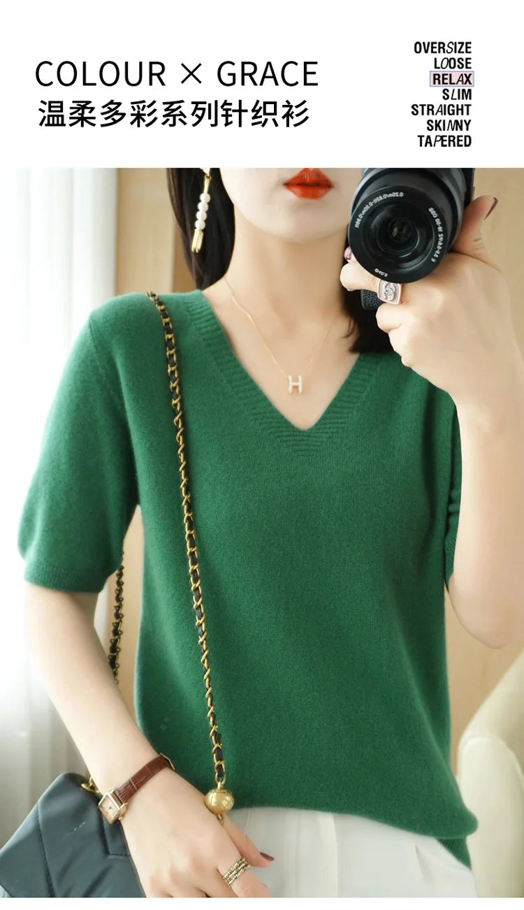 Solid Color V-Neck Half-Sleeve Cashmere Sweater for Women - Soft Thin Knit Casual Top for Office Wear & Fall Layering