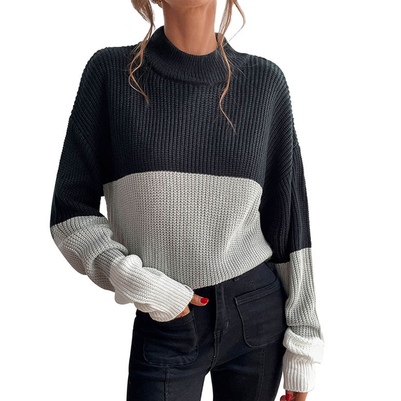 Women's Oversized Chunky Knit Sweater - Long Sleeve Turtleneck Drop Shoulder Color Block Sweatshirt | Cozy Winter Fashion for Casual Outings & Lounge Wear