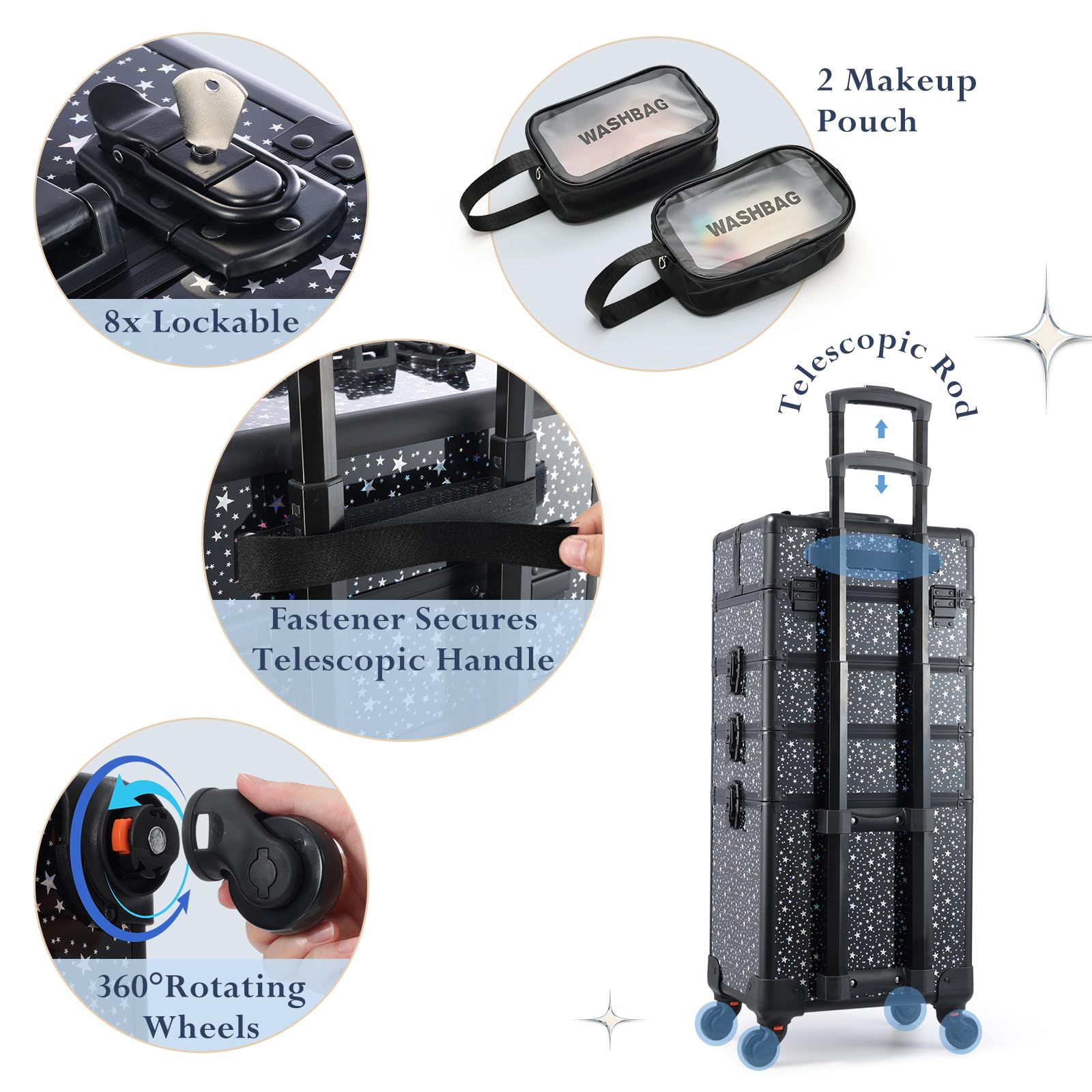 Stagiant 4-in-1 Rolling Makeup Case with Brush Waist Bag - Professional Cosmetic Trolley for Salon, Barber & Travel - Black Star Design - Perfect for Mobile Makeup Artists & Beauty Professionals On-The-Go