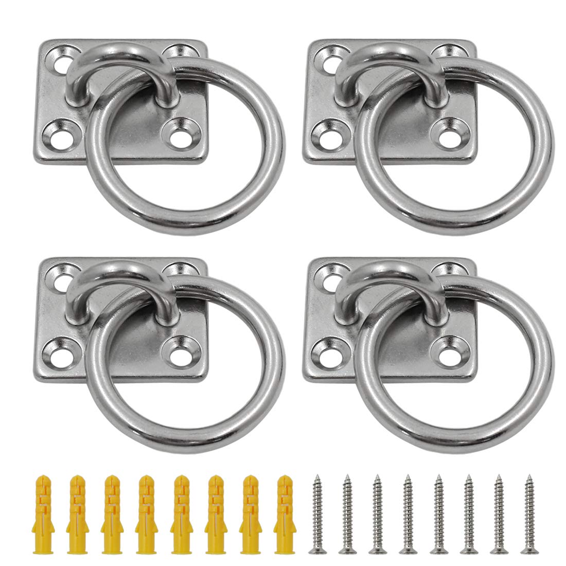 4Pcs Heavy Duty Stainless Steel M5 Rectangle Pad Eye Plate with Ring Hook - Wall Mount & Ceiling Bracket for Yoga Swings, Hammocks, Boat Rigging, Suspension Training Straps - Perfect for Home Gym, Outdoor Activities and Marine Use
