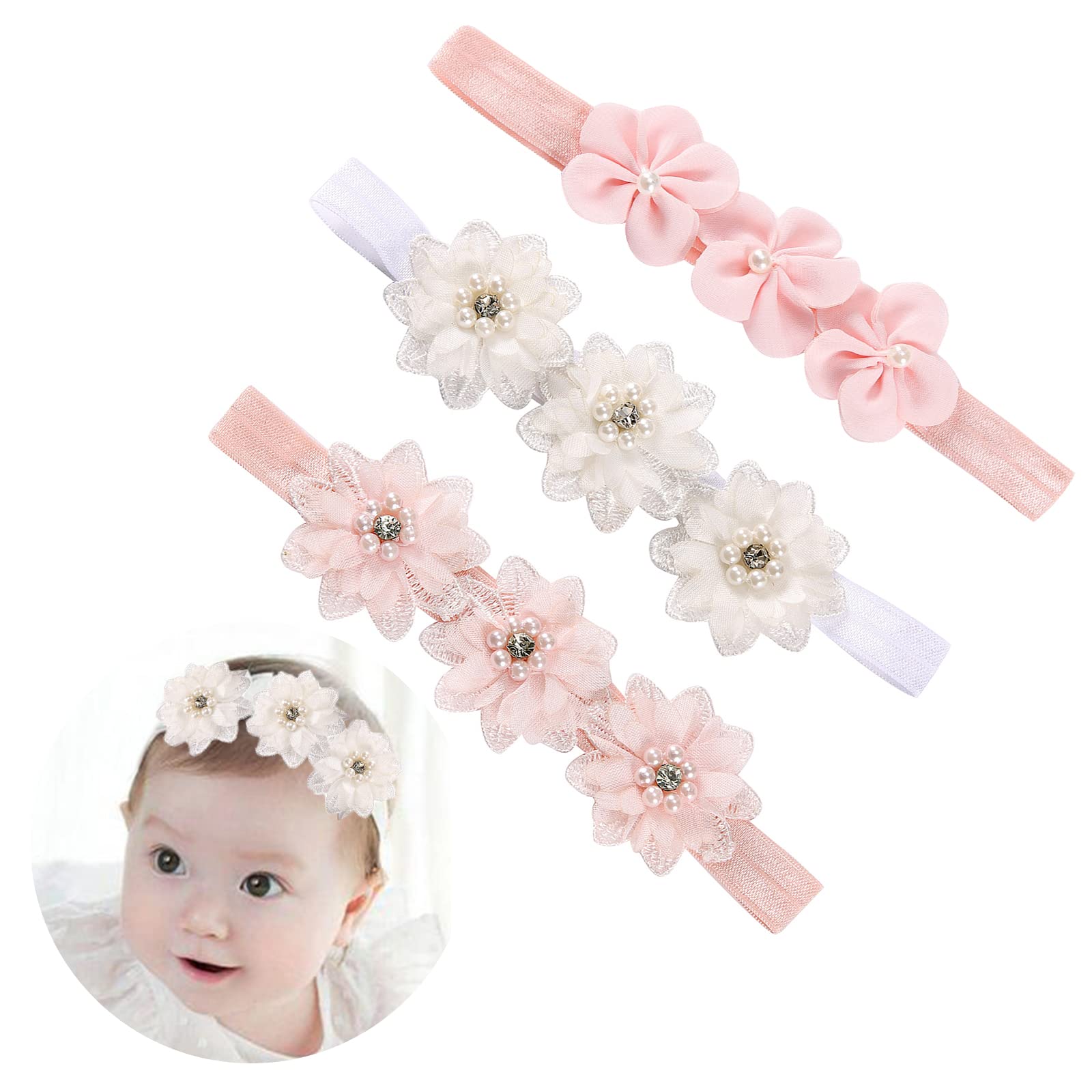 3Pcs Baby Girl Headbands with Flowers & Pearls - Soft Stretchy Nylon Floral Hair Accessories for Newborn Toddler - Perfect for Photography, Birthday Gifts & Daily Outfits