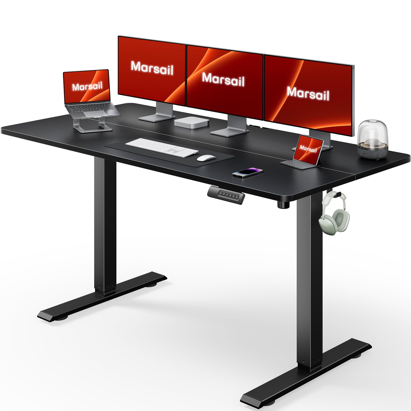 Marsail Adjustable Height Standing Desk - 63x24 Inches Sit Stand Home Office Desk with 4 Memory Presets, Headphone Hook & Cable Organizer - Ergonomic Computer Desk for Work, Gaming & Study (Black)