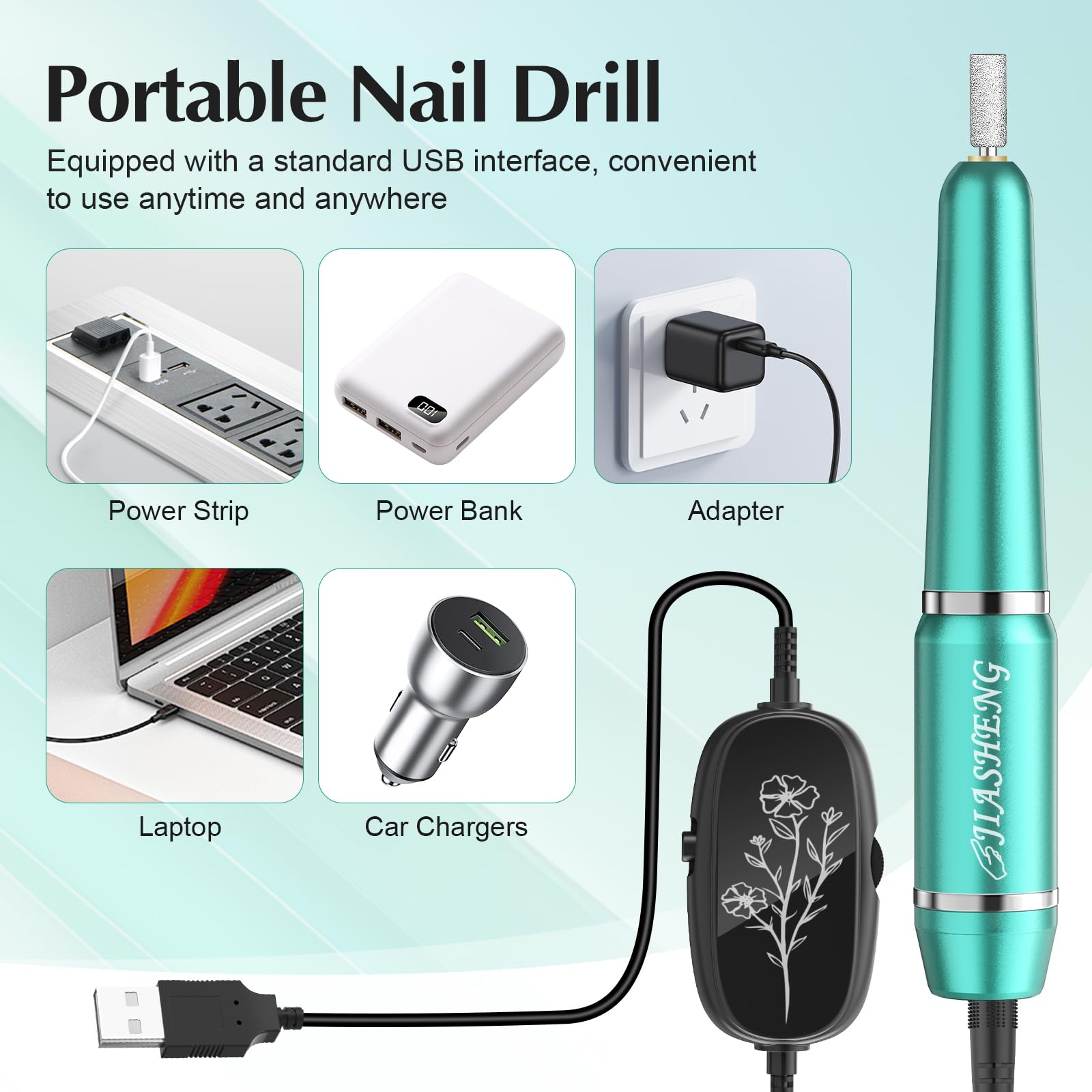 JIASHENG Professional USB Electric Nail Drill Kit - Portable Manicure & Pedicure Tool for Acrylic Gel Nails with Multiple Drill Bits - Perfect for Home Salon, Nail Art & DIY Nail Care (Green)