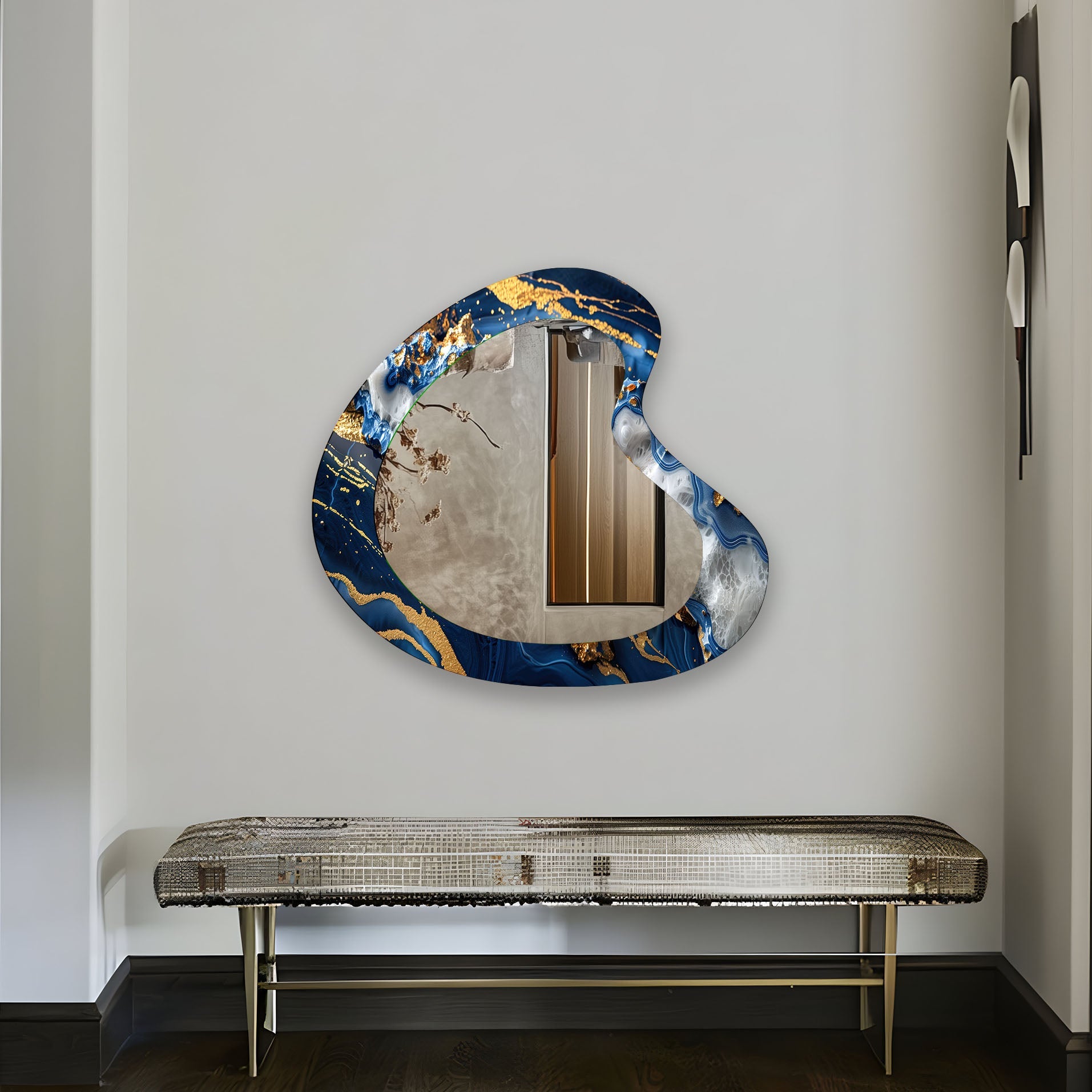 Blue & Gold Marble Irregular Wall Mirror - Modern Decorative Mirror for Living Room, Bedroom, Entryway | Unique Home Decor Accent Piece