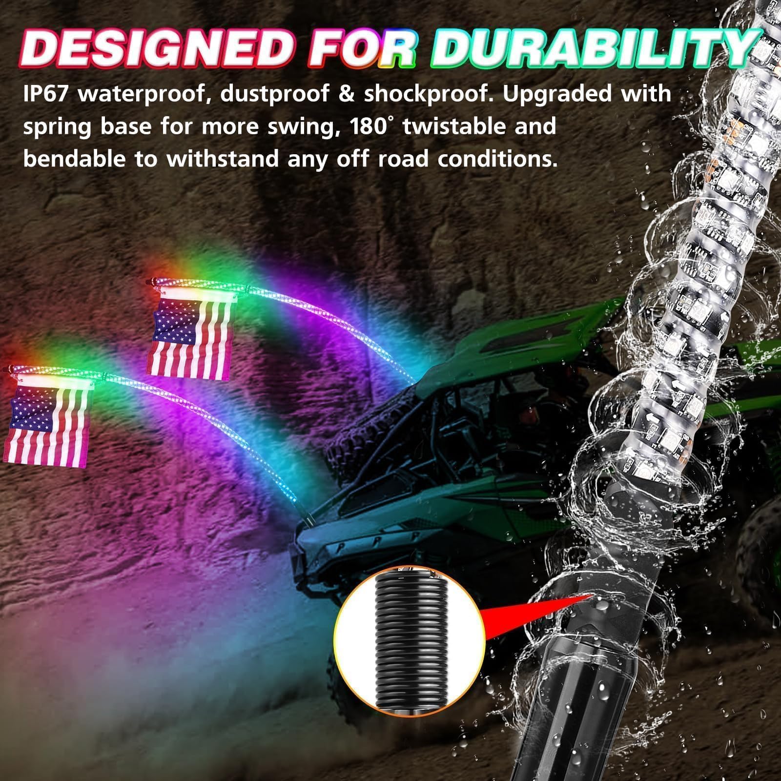 AKD 2Pcs 5FT RGB LED Whip Lights for UTV ATV SXS - Remote Control Spiral Chasing Lights with Flags | Compatible with Polaris RZR, Can-Am, Kawasaki, Honda, Yamaha | Perfect for Off-Roading, Night Rides & Boat Parties