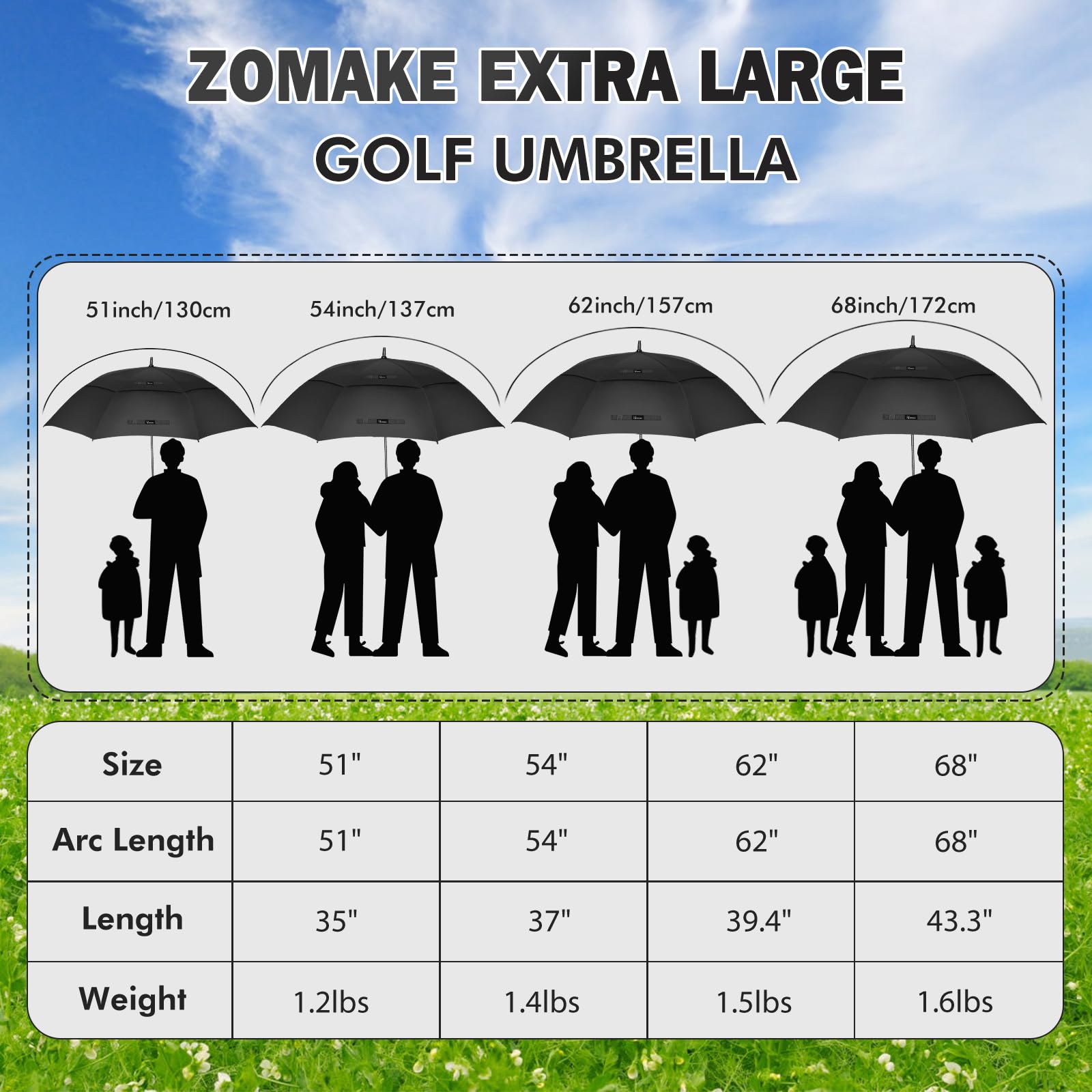 ZOMAKE Large Golf Umbrella 51/54/62/68 Inch - Windproof Automatic Open Double Canopy Golf Umbrella for Men & Women - Perfect for Golf, Beach, Outdoor Events and Heavy Rain Protection