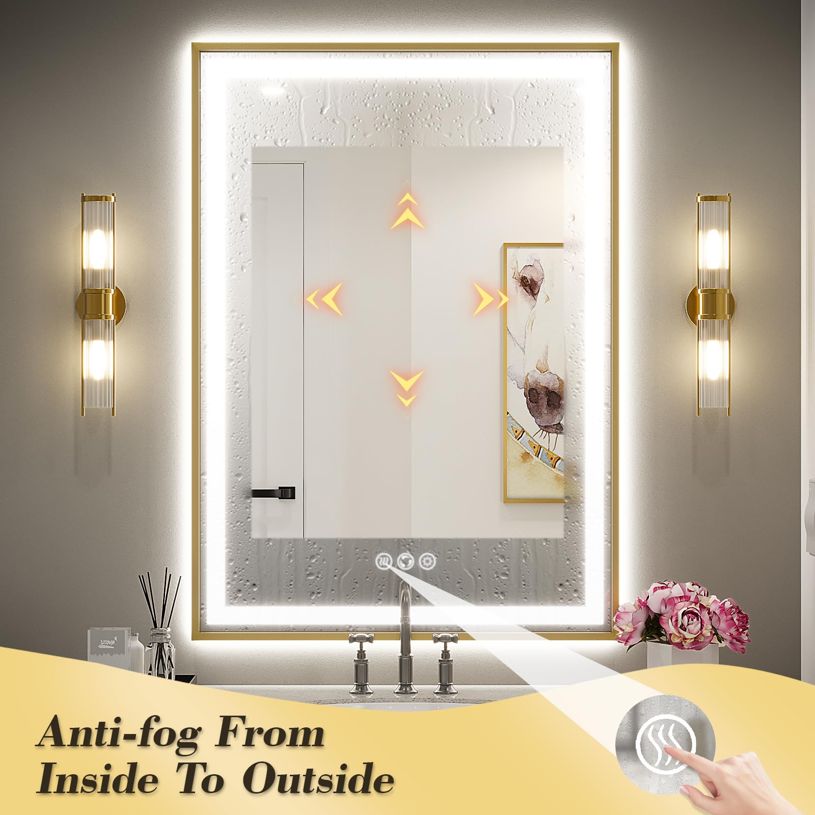 24x32 Inch LED Bathroom Mirror with Lights - Frontlit & Backlit Gold Metal Frame, Wall Mounted Vanity Mirror with Double Light Strips, Anti-Fog, Stepless Dimmable (3000K-6000K) - Perfect for Makeup, Shaving & Home Decor