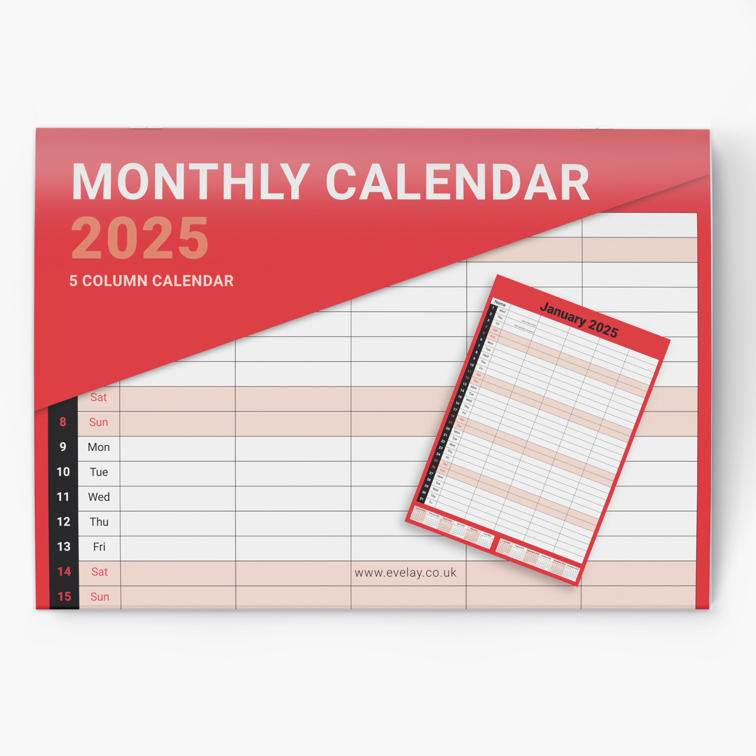 2025 Family Calendar A3 Size - 5 Column Monthly Wall Planner with Red & White Design - Perfect for Home, Office & School Organization