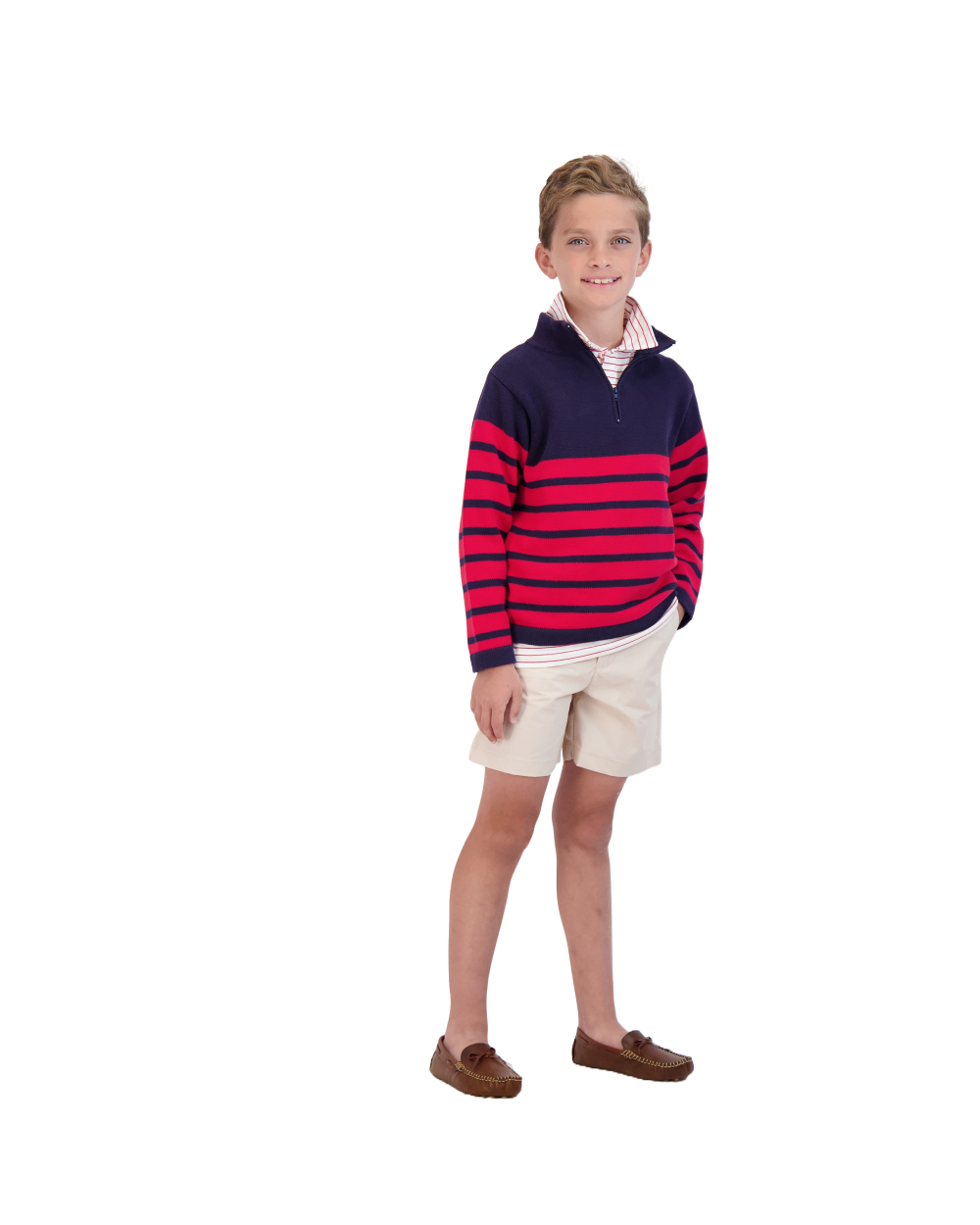 Boys Cotton Zip-Up Sweater - Navy & Red Striped Pullover for Kids | Casual Wear, School Outfits, and Outdoor Activities