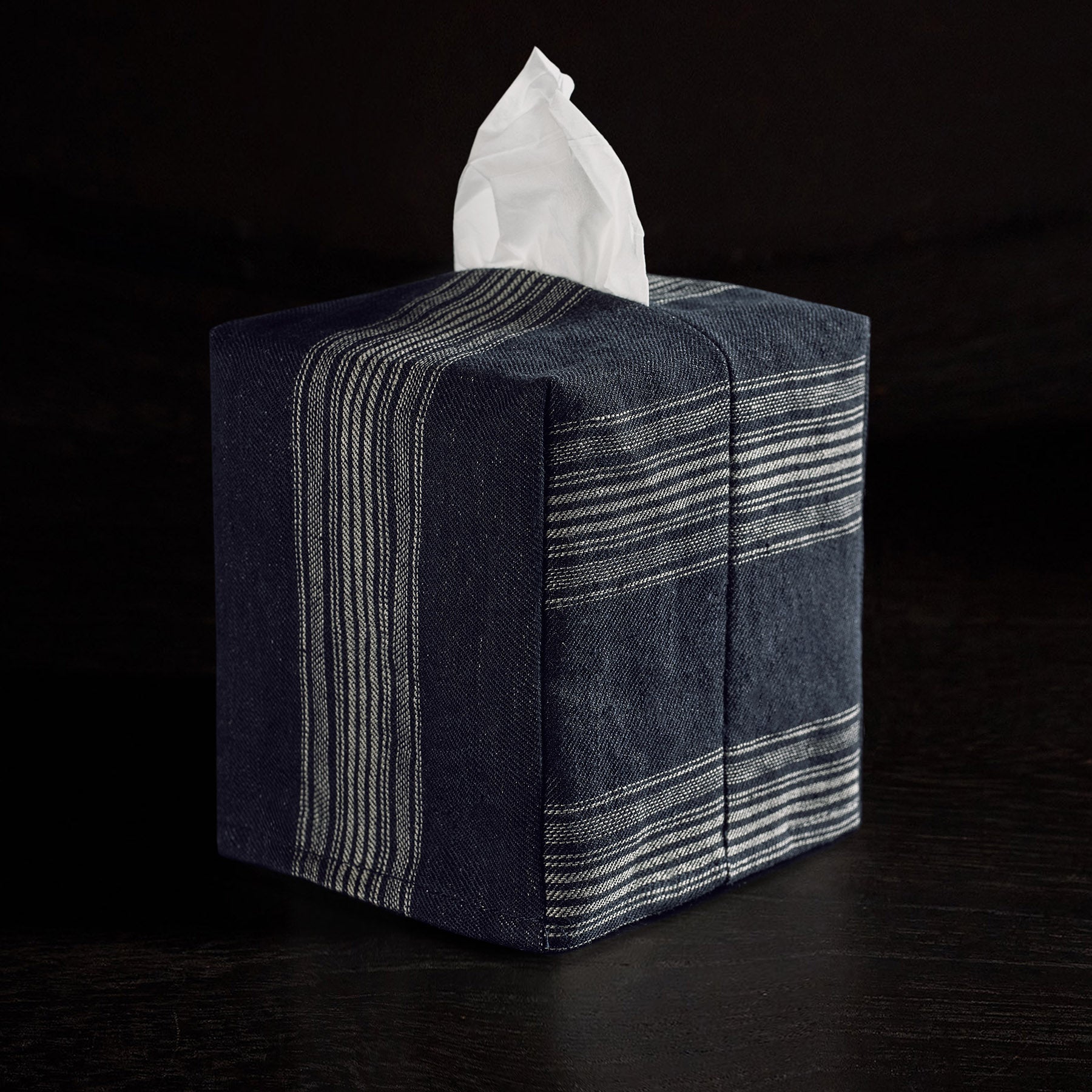 Navy Stripe Tissue Box Cover - Decorative Fabric Tissue Holder for Home, Office & Bathroom - Modern Cotton Linen Design with Elastic Opening