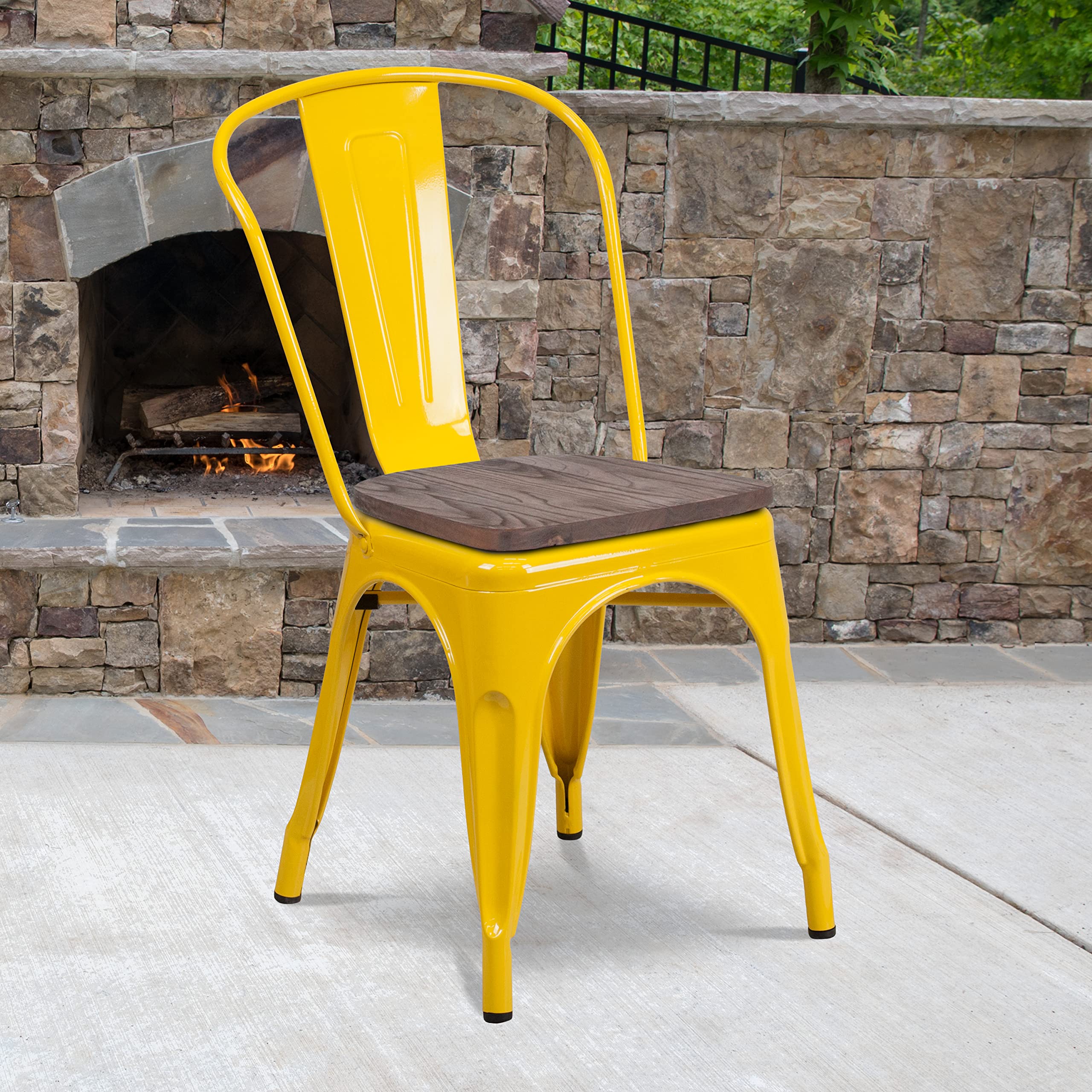 4 Pack Yellow Metal Stackable Chairs with Wood Seat - Commercial Restaurant & Bistro Chairs for Indoor/Outdoor Dining, Cafes, and Events