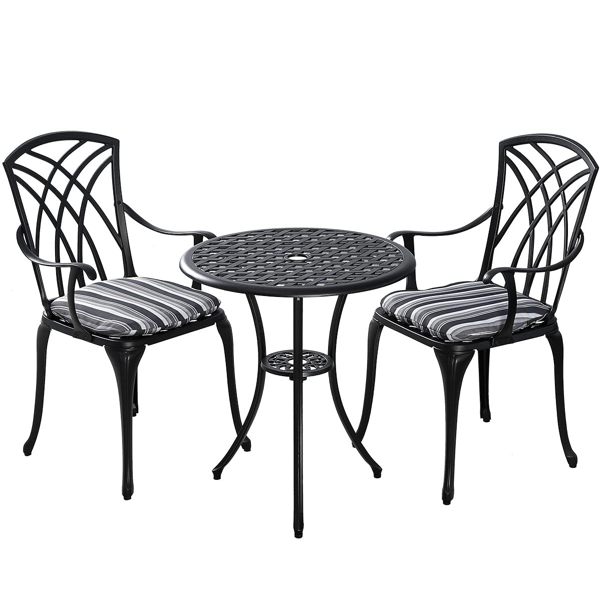 Kinger Home 3-Piece Outdoor Patio Bistro Table and 2 Chairs Set, Durable Cast Aluminum Furniture with Cushion & Umbrella Hole - Black | Perfect for Backyard, Garden, Balcony & Small Outdoor Spaces