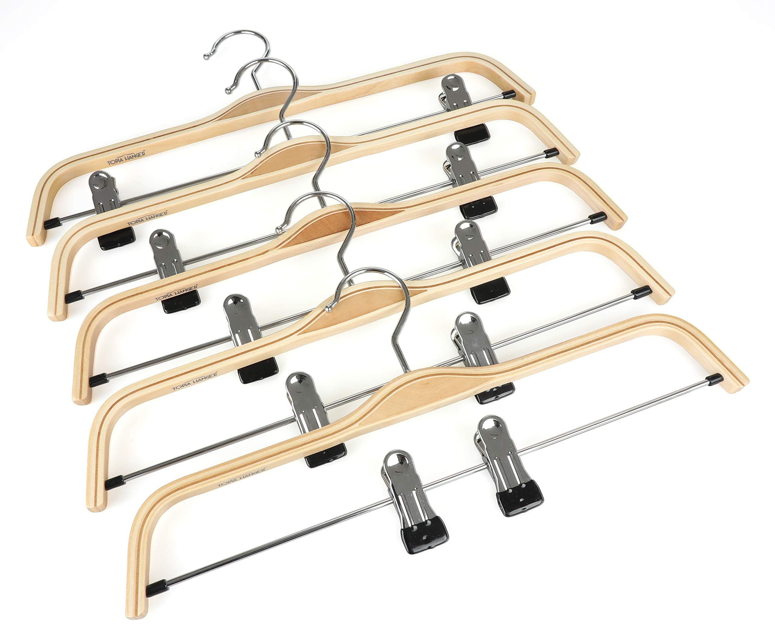 TOPIA HANGER 10-Pack Wooden Pants Hangers - Slim Natural Wood Skirt Hangers with Anti-Rust Hook & Adjustable Metal Clips - Perfect for Skirts, Pants, Slacks - Ideal for Closet Organization & Wardrobe Storage