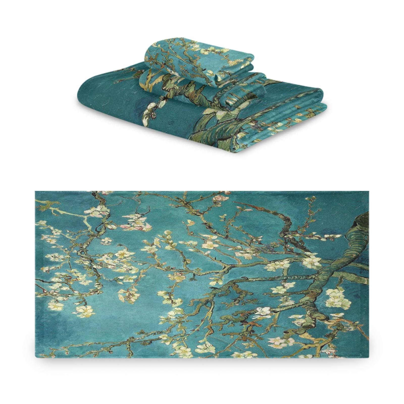 Van Gogh Almond Bath Towel Set - Luxury 3-Piece Decorative Towels (1 Bath, 1 Hand, 1 Washcloth) - Ultra Soft & Absorbent for Bathroom, Hotel, Gym, Yoga & Spa - Perfect for Home Decor & Guest Towels